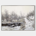 Original hand painted winter forest landscape oil painting canvas, ivory grey snow-covered path trees, nordic scandinavian elegant luxu