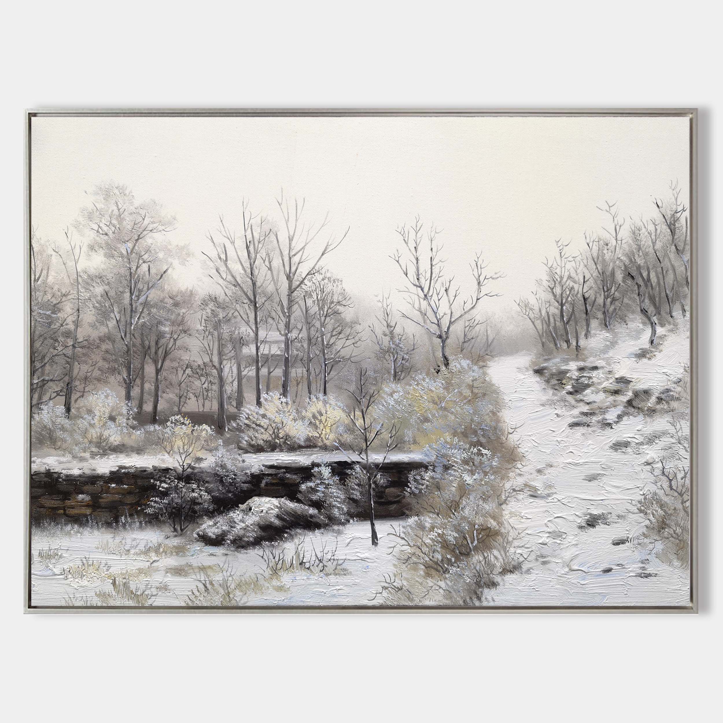 Original hand painted winter forest landscape oil painting canvas, ivory grey snow-covered path trees, nordic scandinavian elegant luxu