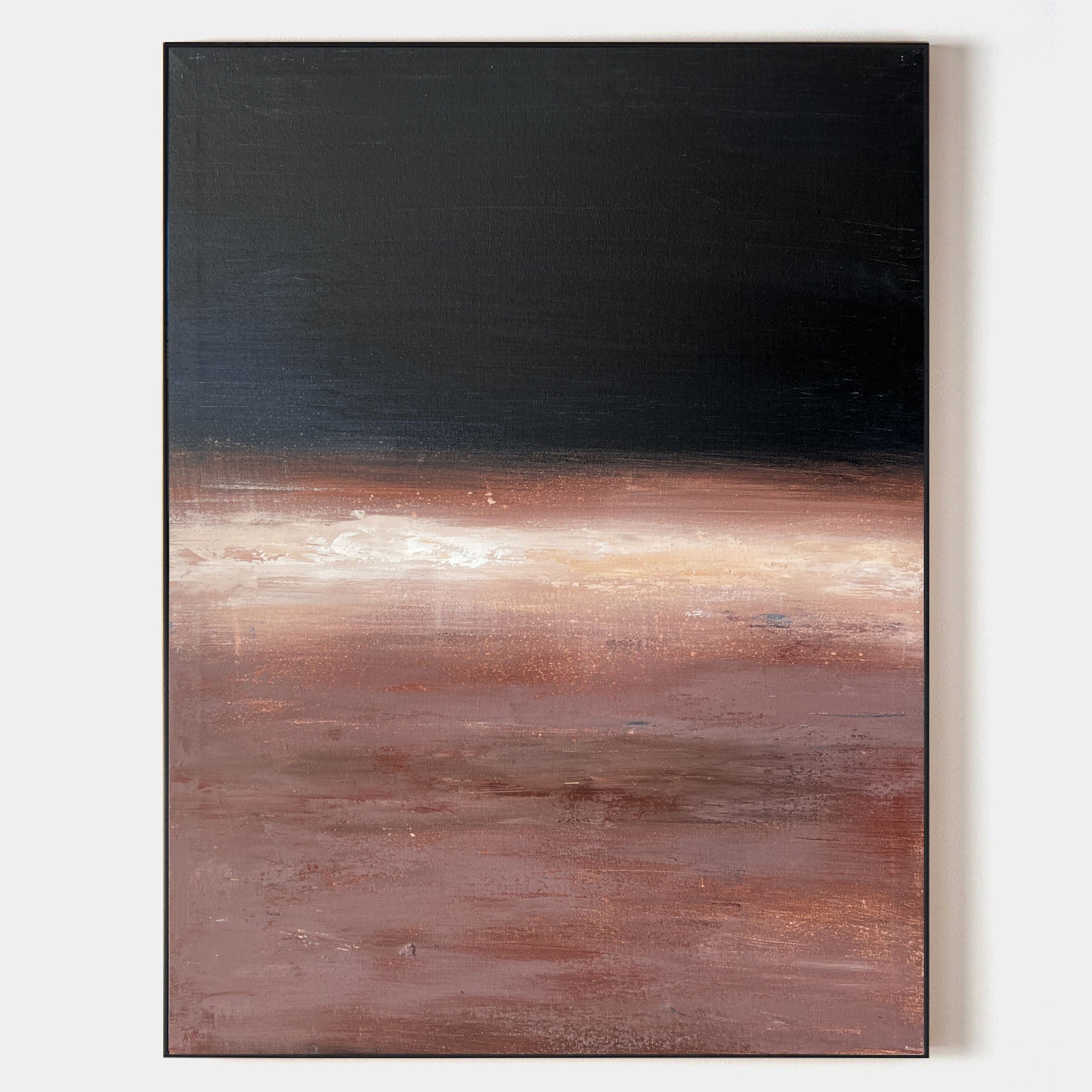 Original hand painted dark abstract oil painting canvas, black dusty rose sienna horizon glow, minimalist nordic scandinavian elegant l
