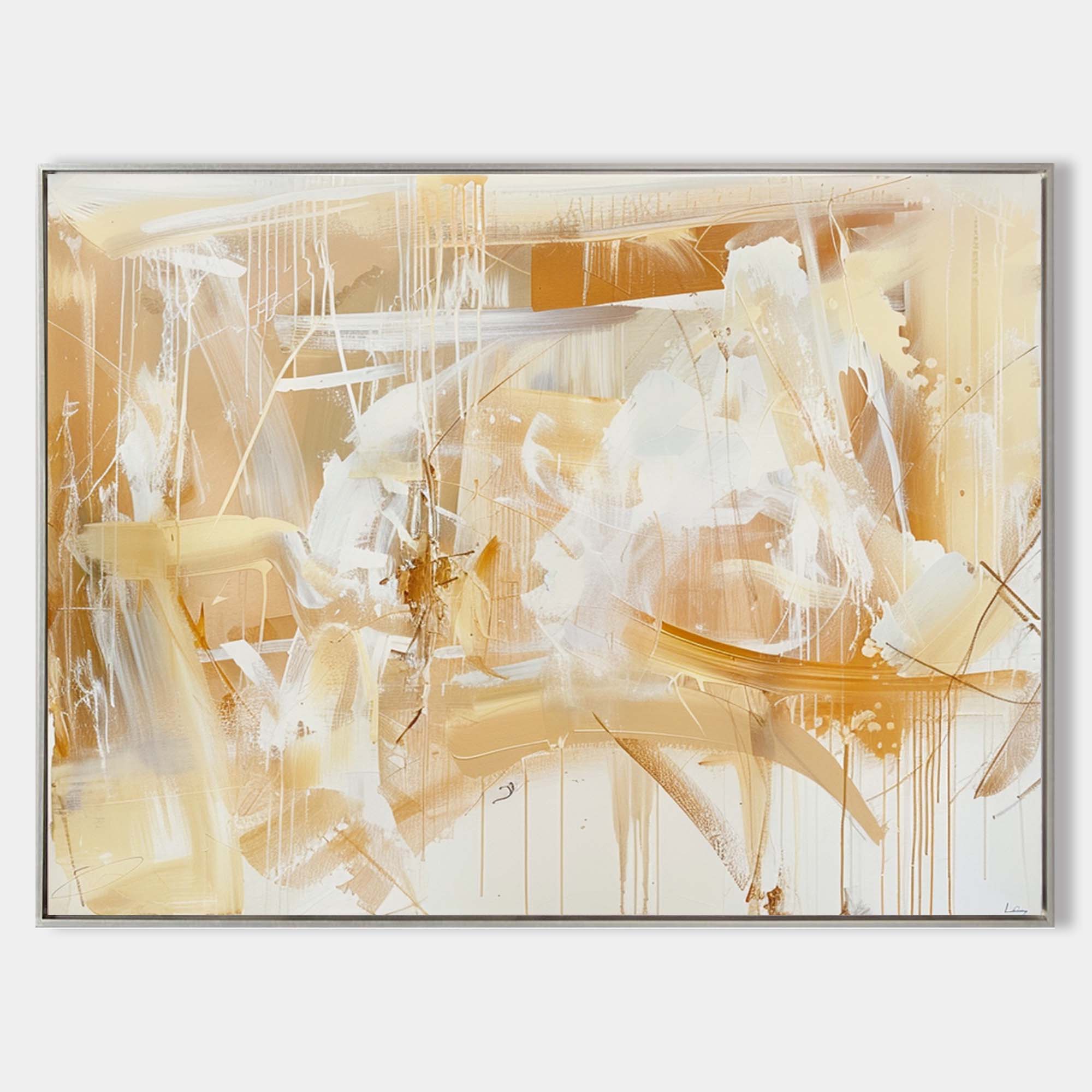 Original hand painted gold white abstract oil painting canvas wall art, expressive brushstrokes drips, nordic scandinavian elegant luxu