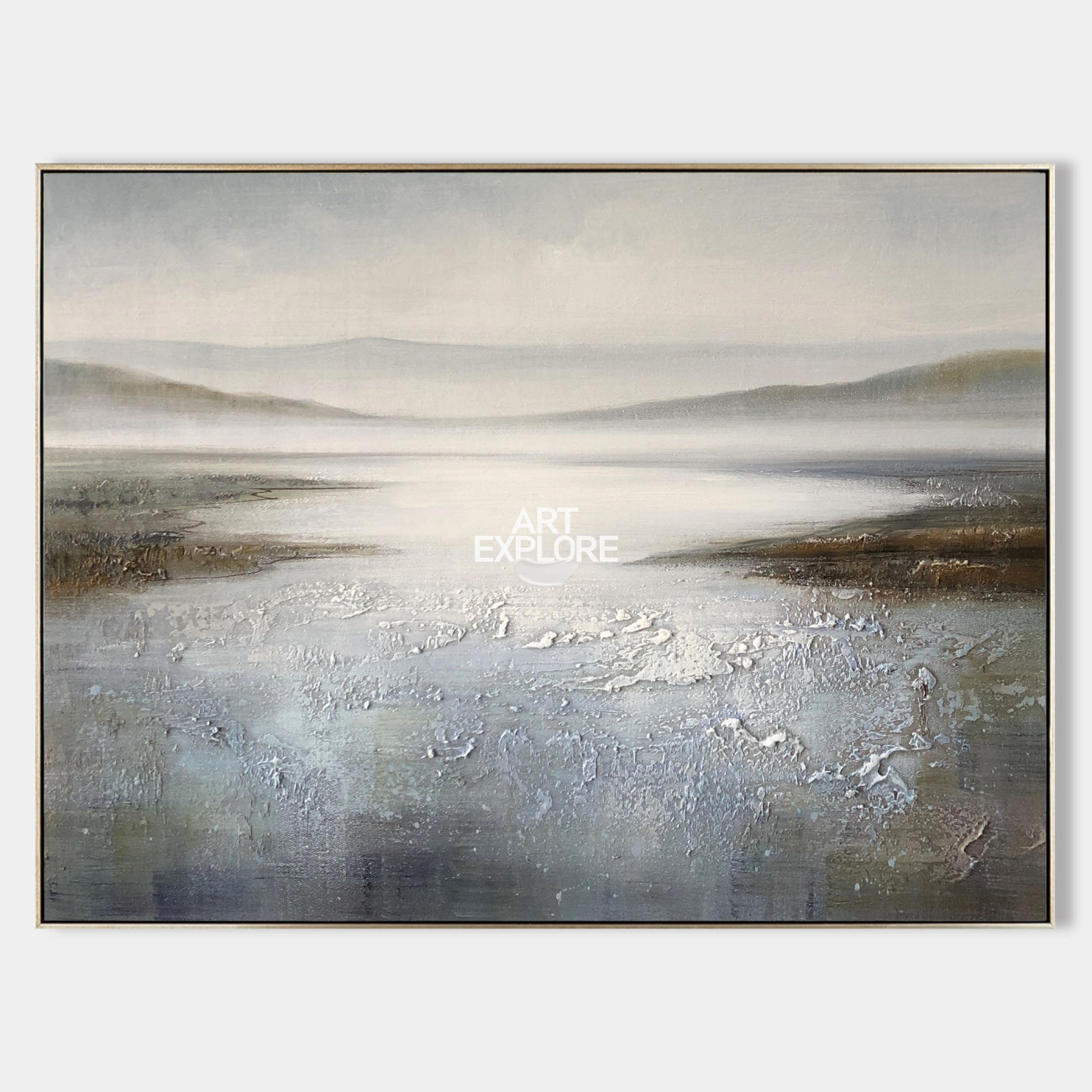 Original hand painted silver grey textured lake landscape oil painting canvas wall art, nordic scandinavian minimalist elegant luxury m