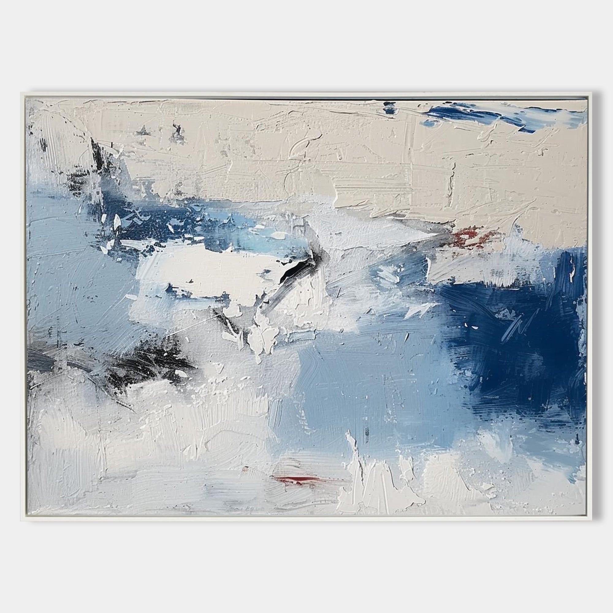 Original hand painted navy ivory blue abstract oil painting canvas wall art, nordic scandinavian coastal elegant luxury modern living r