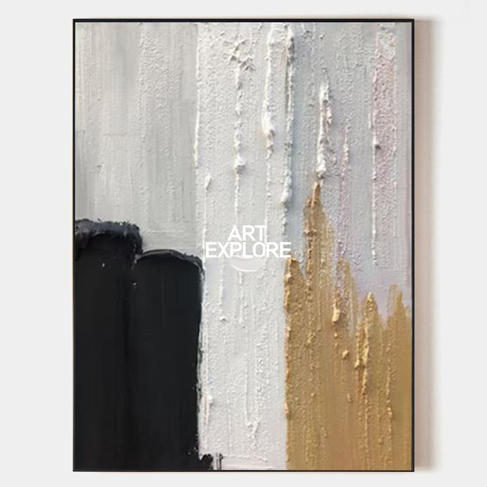 Original hand painted black gold white textured abstract oil painting canvas wall art, nordic scandinavian minimalist elegant luxury mo