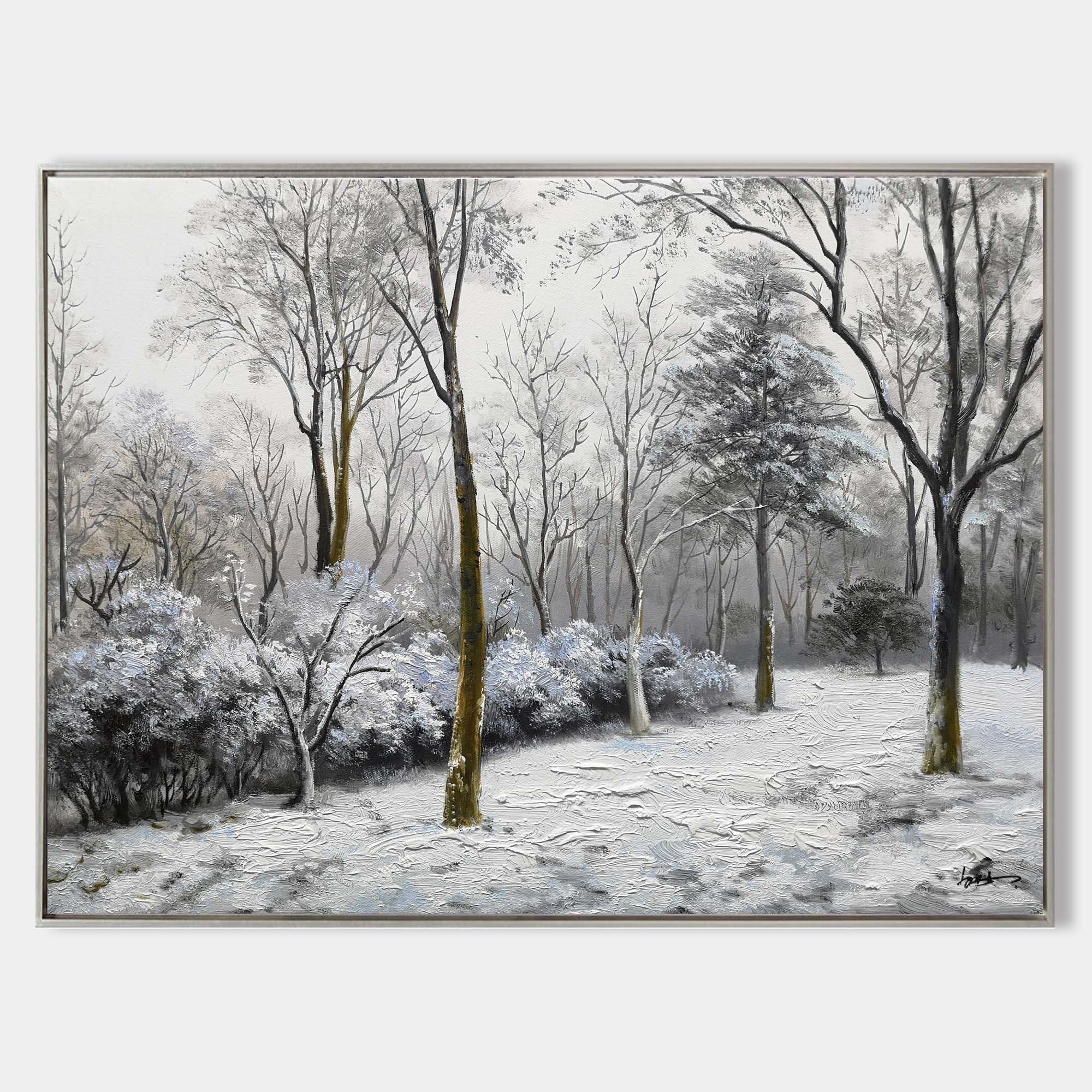 Original hand painted grey white winter forest snow oil painting canvas wall art, nordic scandinavian elegant luxury minimalist modern
