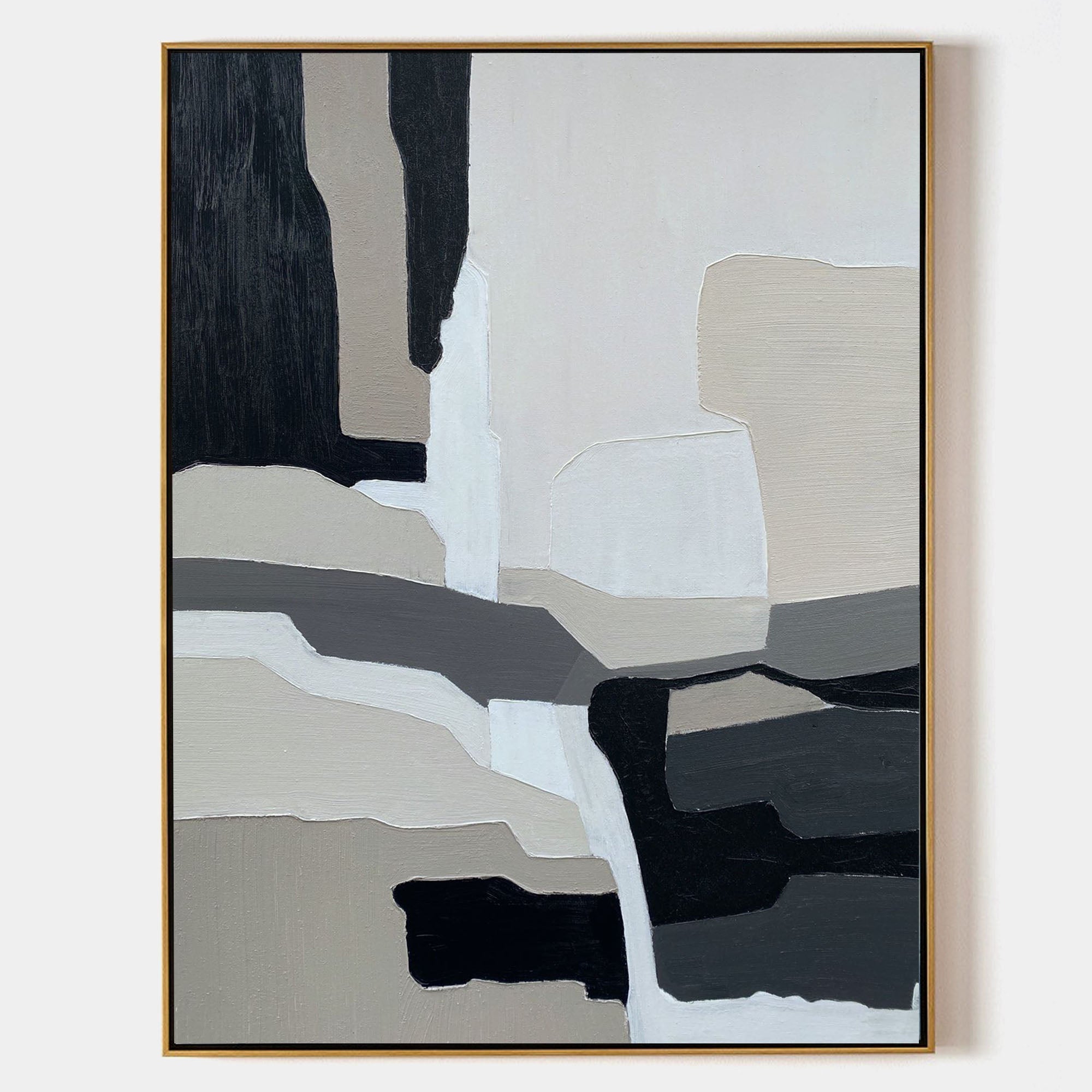 Original hand painted black grey beige geometric abstract oil painting canvas wall art, nordic scandinavian minimalist elegant luxury m