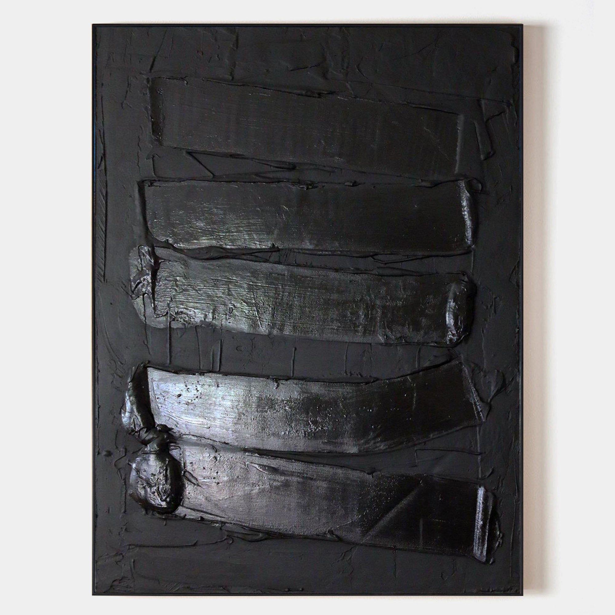Original hand painted black abstract oil painting canvas, thick textured palette knife strokes, minimalist nordic scandinavian elegant