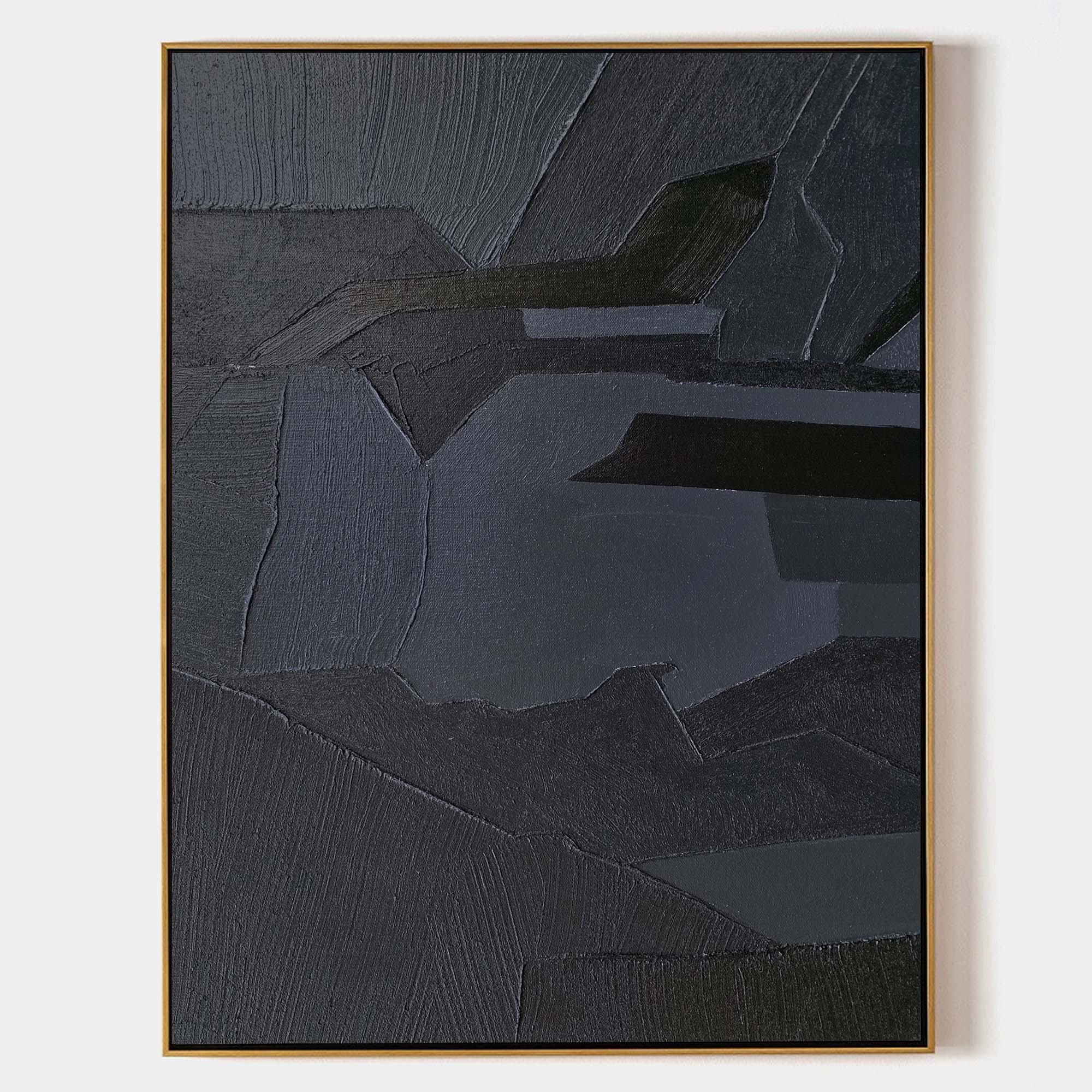 Original hand painted black charcoal abstract oil painting canvas wall art, nordic scandinavian minimalist elegant luxury modern living