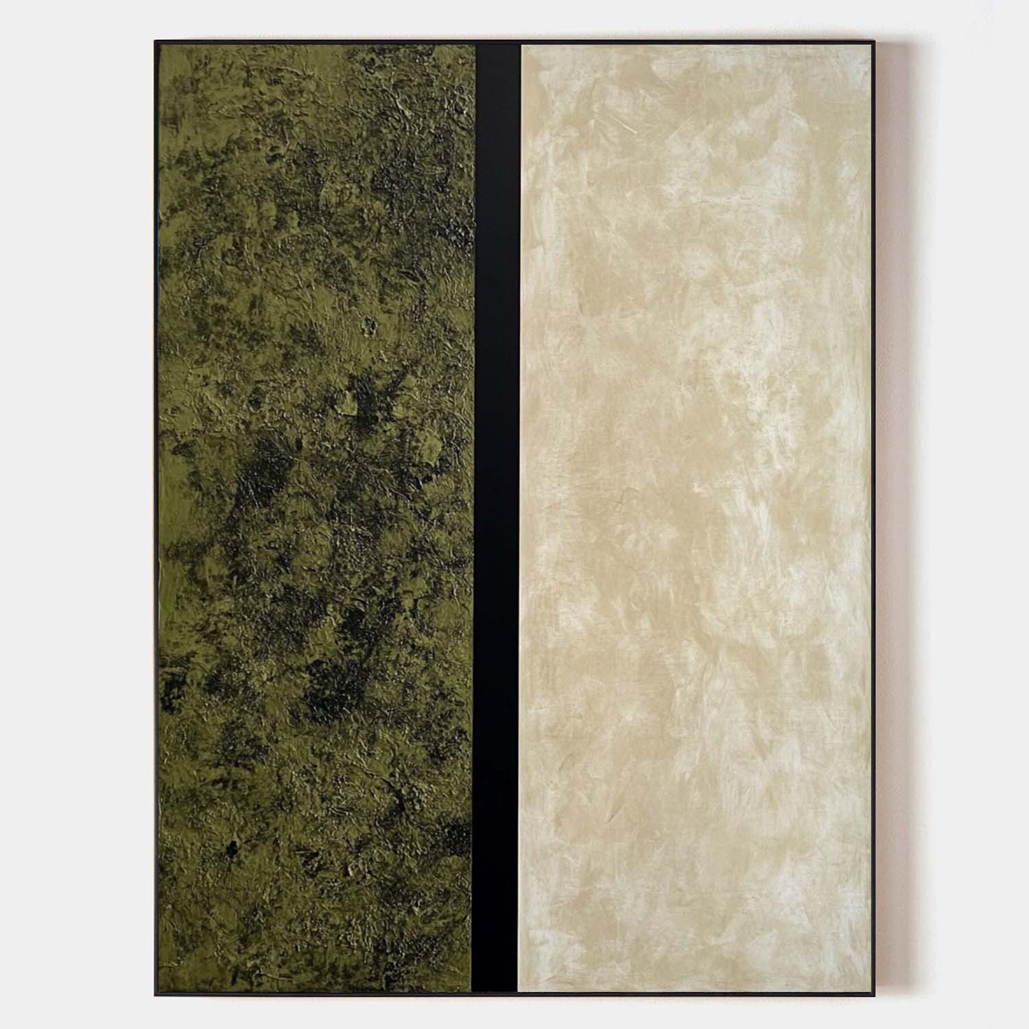 Original hand painted olive green cream abstract oil painting canvas wall art, textured minimalist nordic scandinavian elegant luxury m