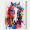 Original hand painted abstract horse oil painting canvas, vibrant crimson blue orange brushstrokes, luxury modern elegant nordic scandi