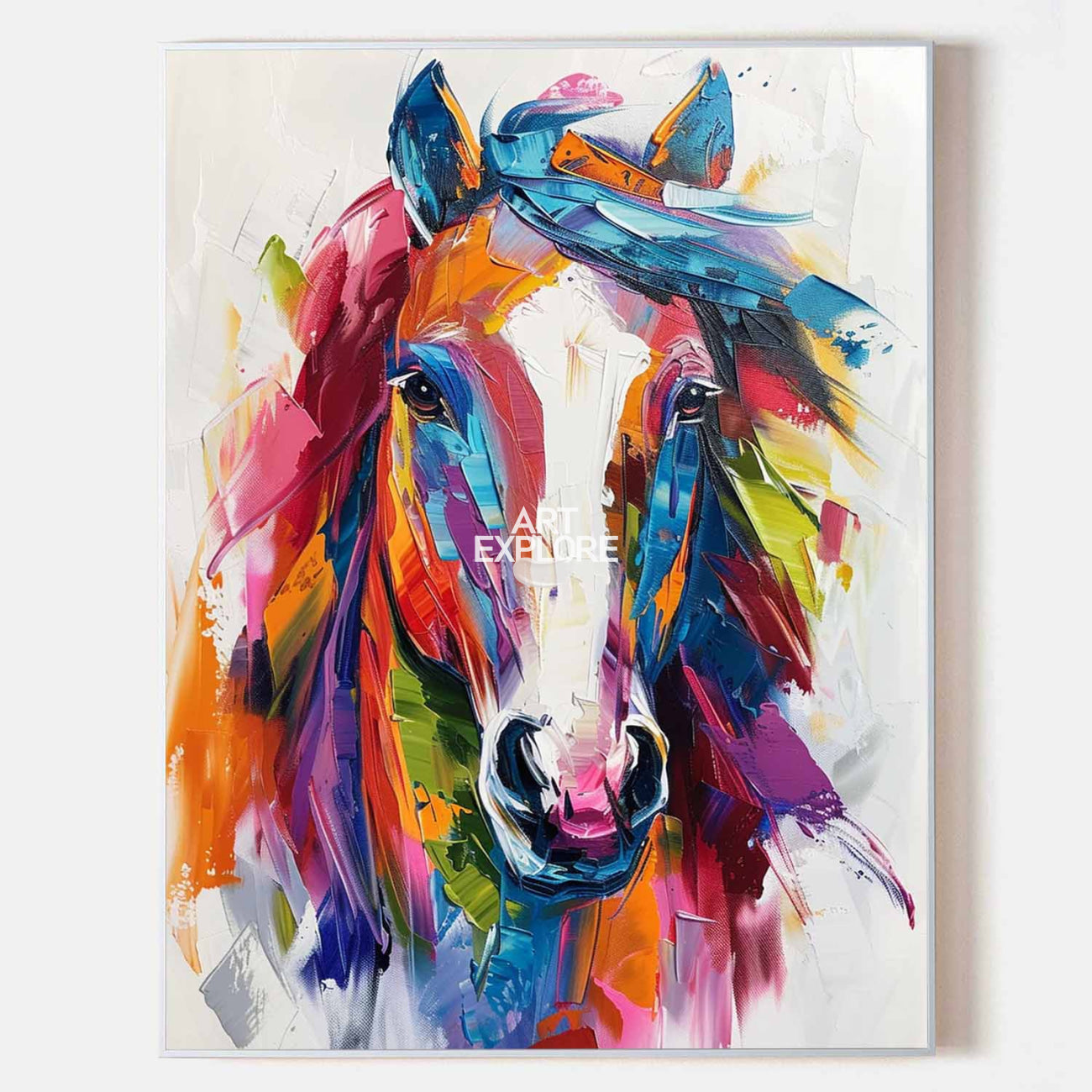 Original hand painted abstract horse oil painting canvas, vibrant crimson blue orange brushstrokes, luxury modern elegant nordic scandi