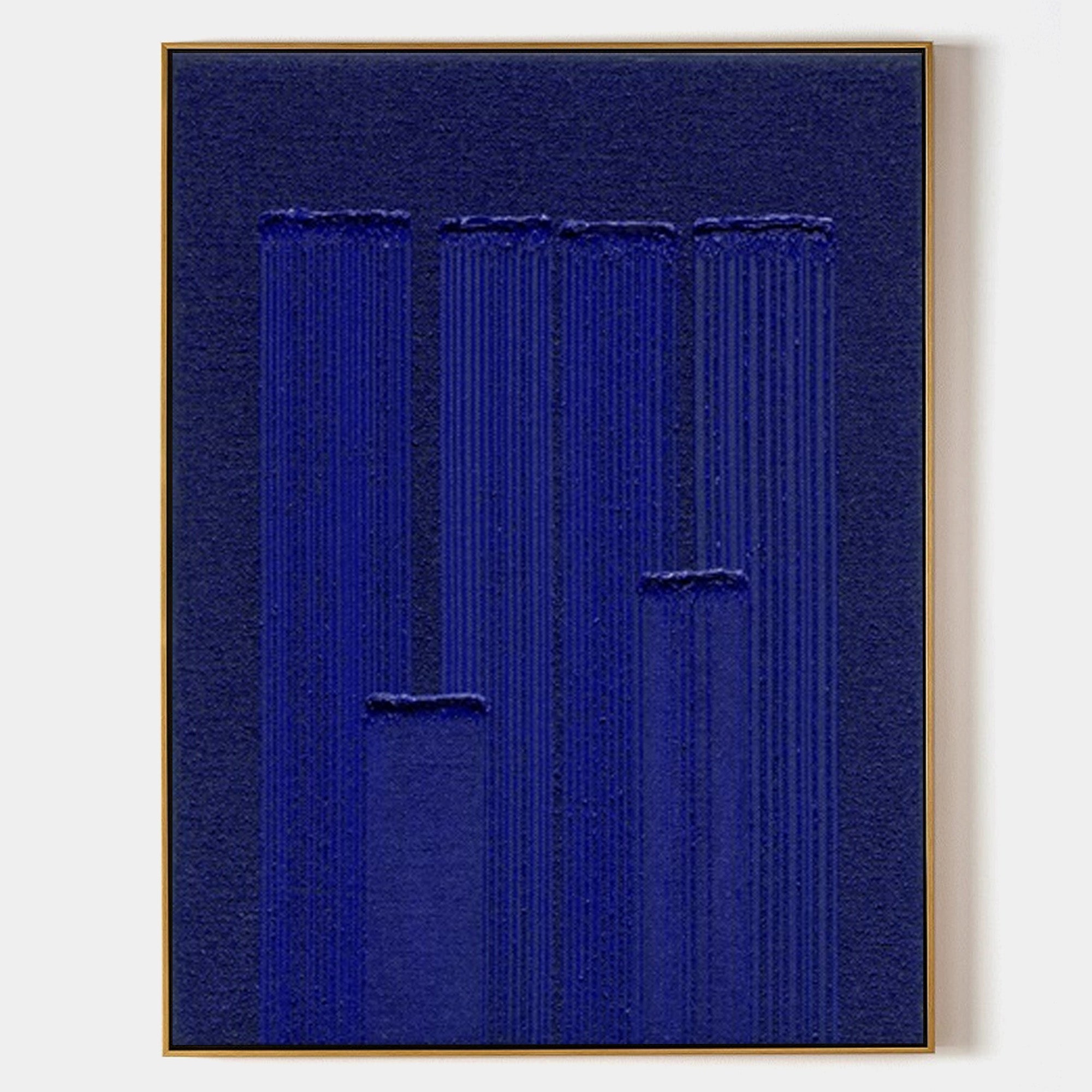 Original hand painted deep blue geometric abstract oil painting canvas wall art, textured vertical forms, nordic scandinavian minimalis