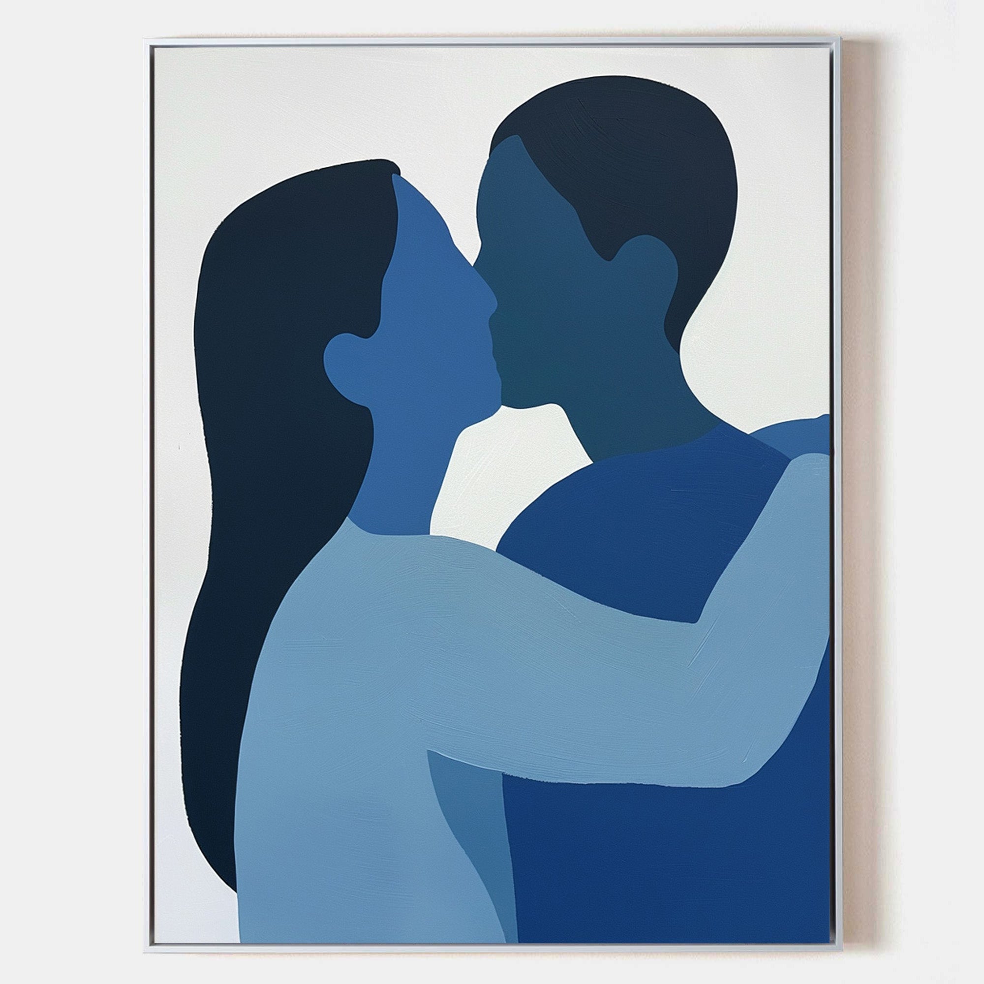 Original hand painted navy blue abstract couple silhouette oil painting canvas wall art, nordic scandinavian minimalist elegant luxury