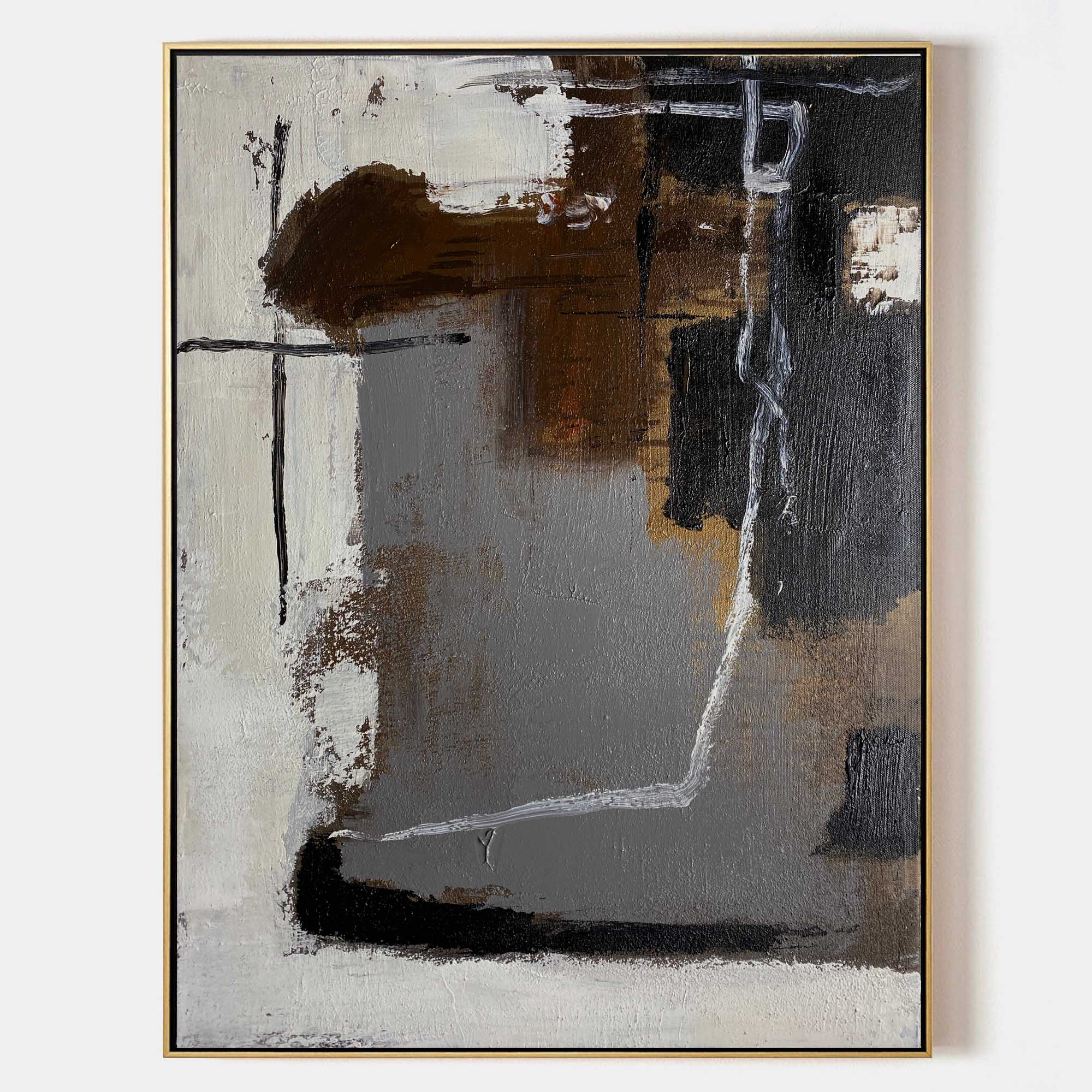 Original hand painted charcoal amber grey abstract oil painting canvas wall art, nordic scandinavian elegant luxury modern home decor i