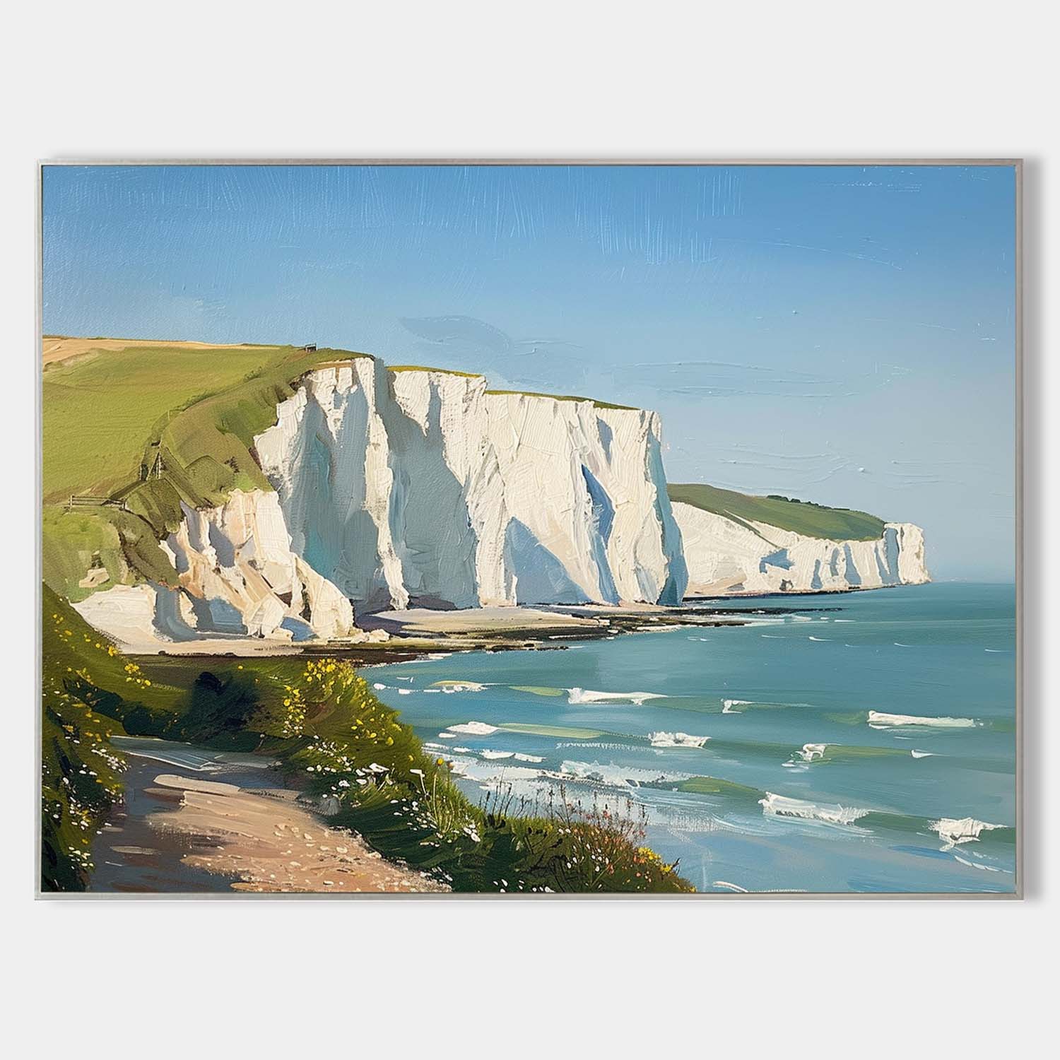 Original hand painted coastal oil painting white chalk cliffs turquoise sea elegant luxury nordic scandinavian modern home decor wall a