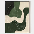 Original hand painted forest green cream abstract oil painting canvas, flowing organic shapes white line art, nordic scandinavian minim