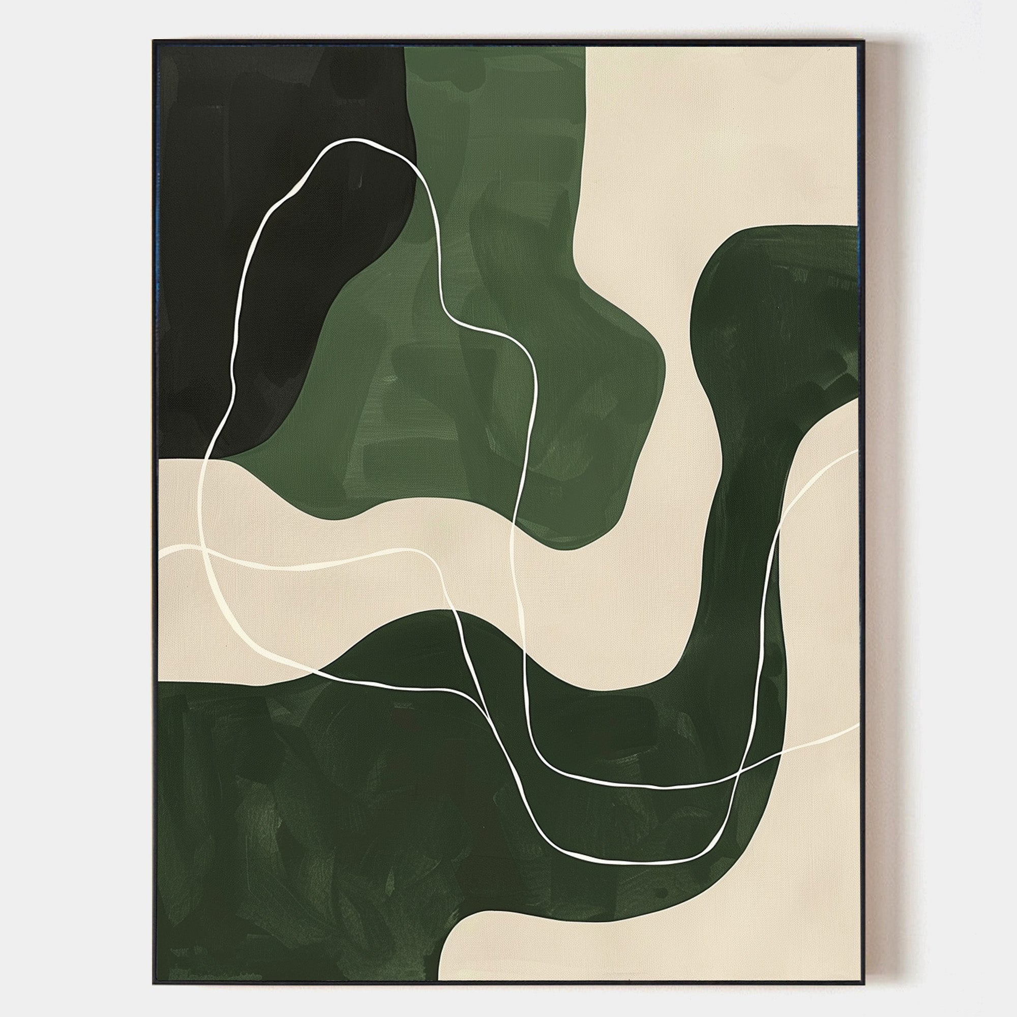 Original hand painted forest green cream abstract oil painting canvas, flowing organic shapes white line art, nordic scandinavian minim