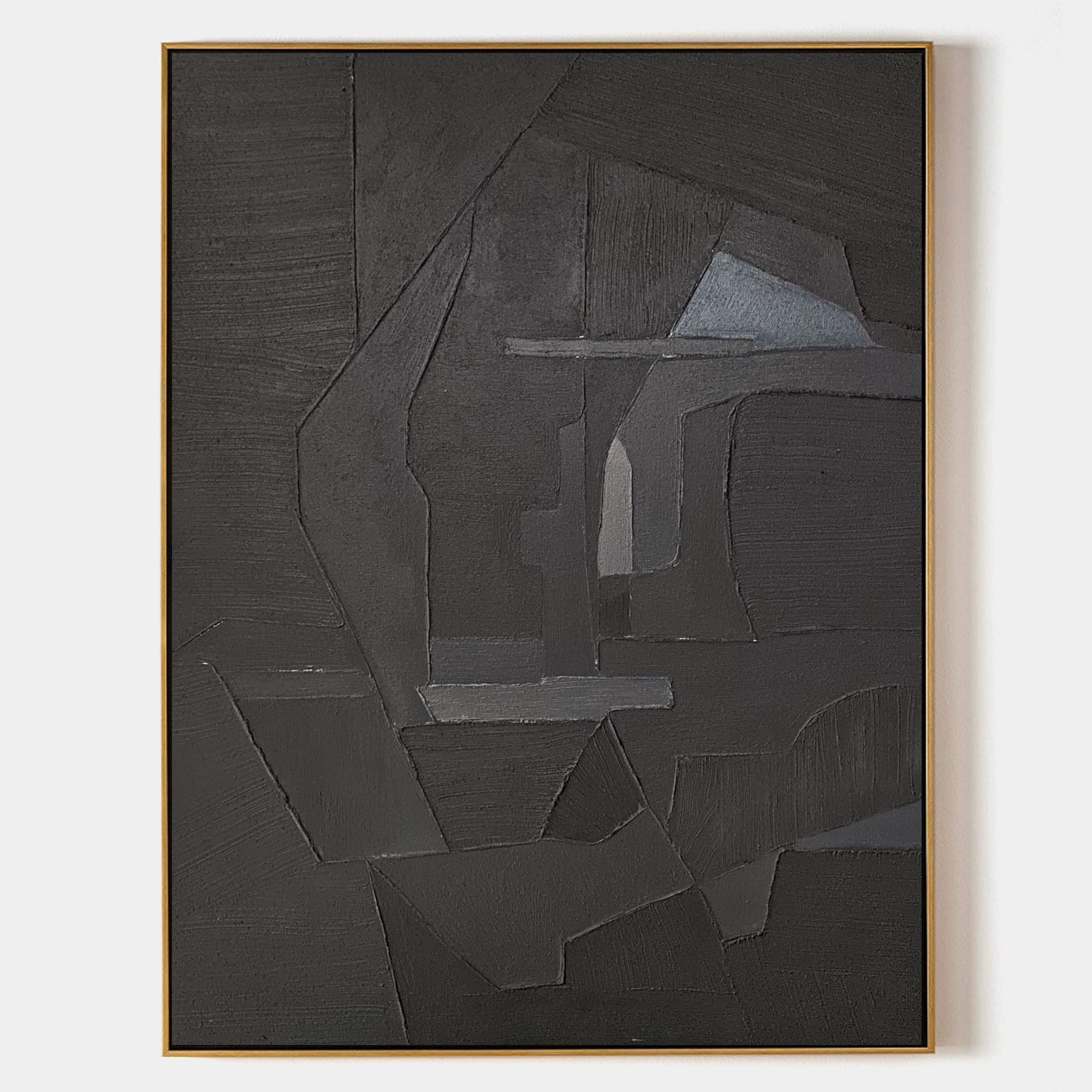 Original hand painted black charcoal geometric abstract oil painting canvas wall art, nordic scandinavian minimalist elegant luxury mod