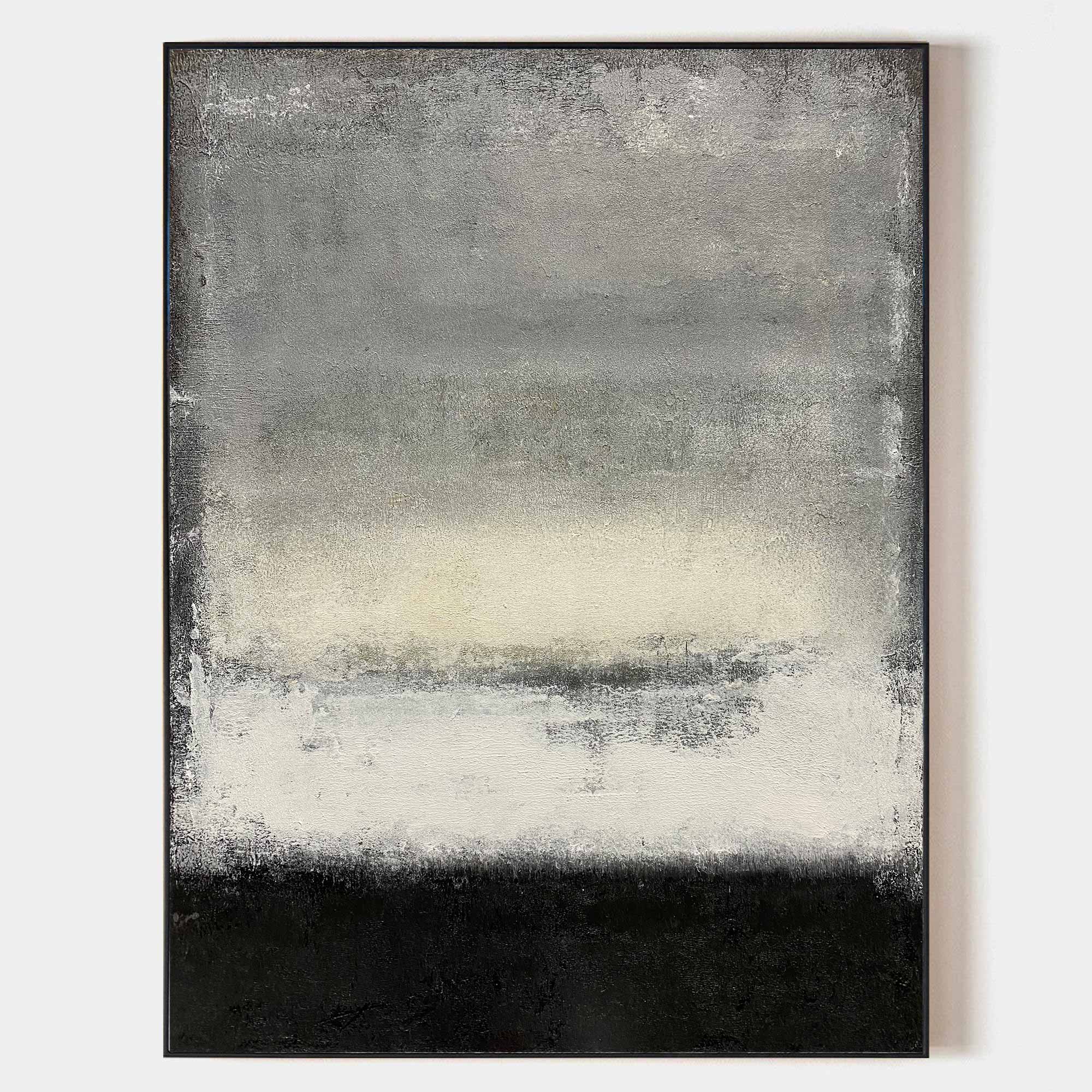 Original hand painted black grey ivory abstract landscape oil painting canvas wall art, nordic scandinavian minimalist elegant luxury m