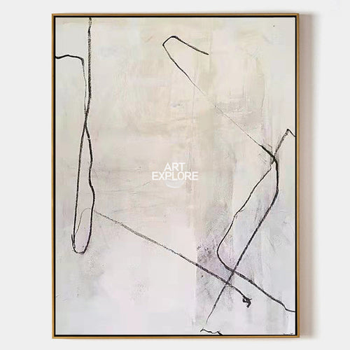 Original hand painted ivory abstract oil painting bold black line gestural canvas wall art nordic scandinavian minimalist elegant luxur