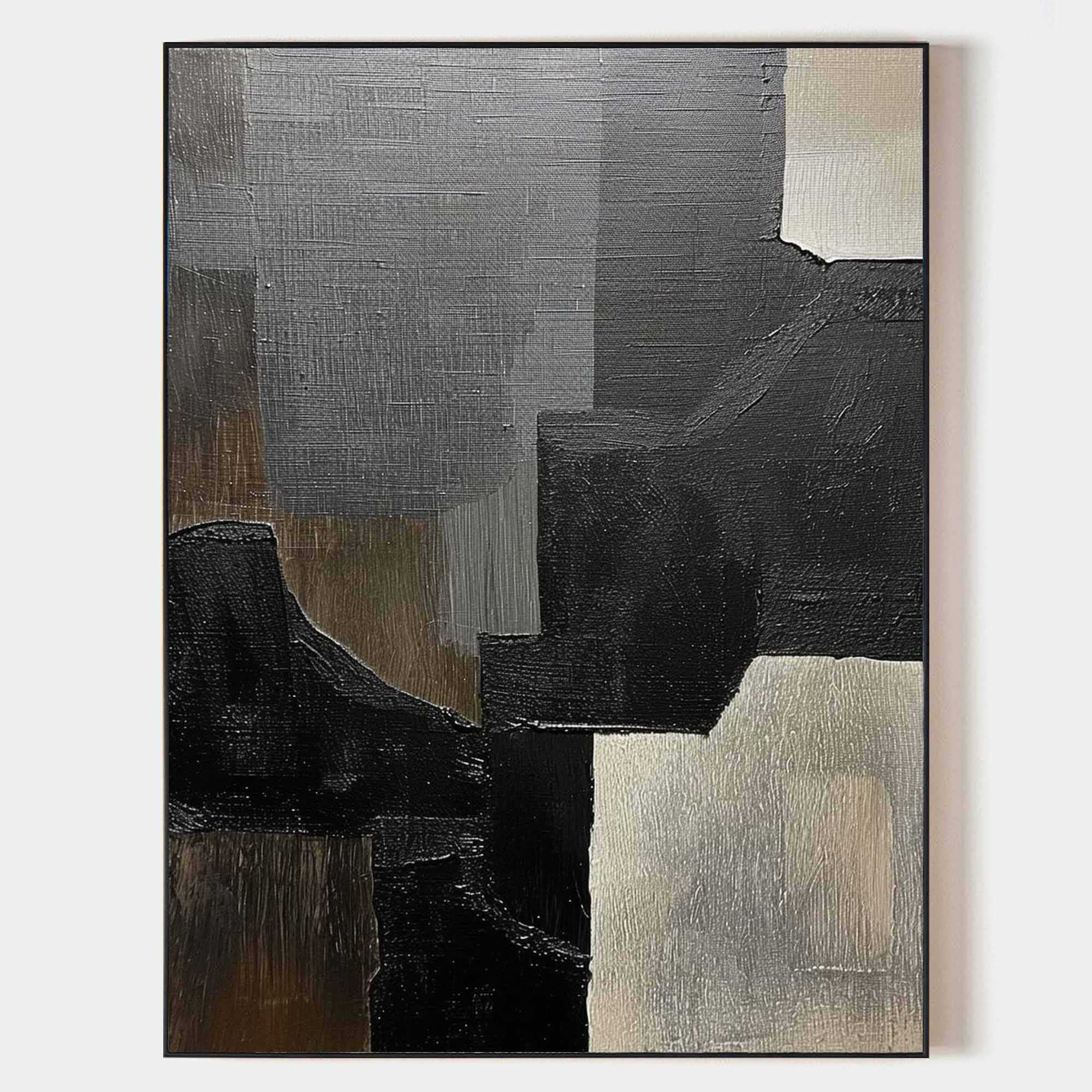 Original hand painted black charcoal grey abstract geometric oil painting canvas wall art, nordic scandinavian minimalist elegant luxur