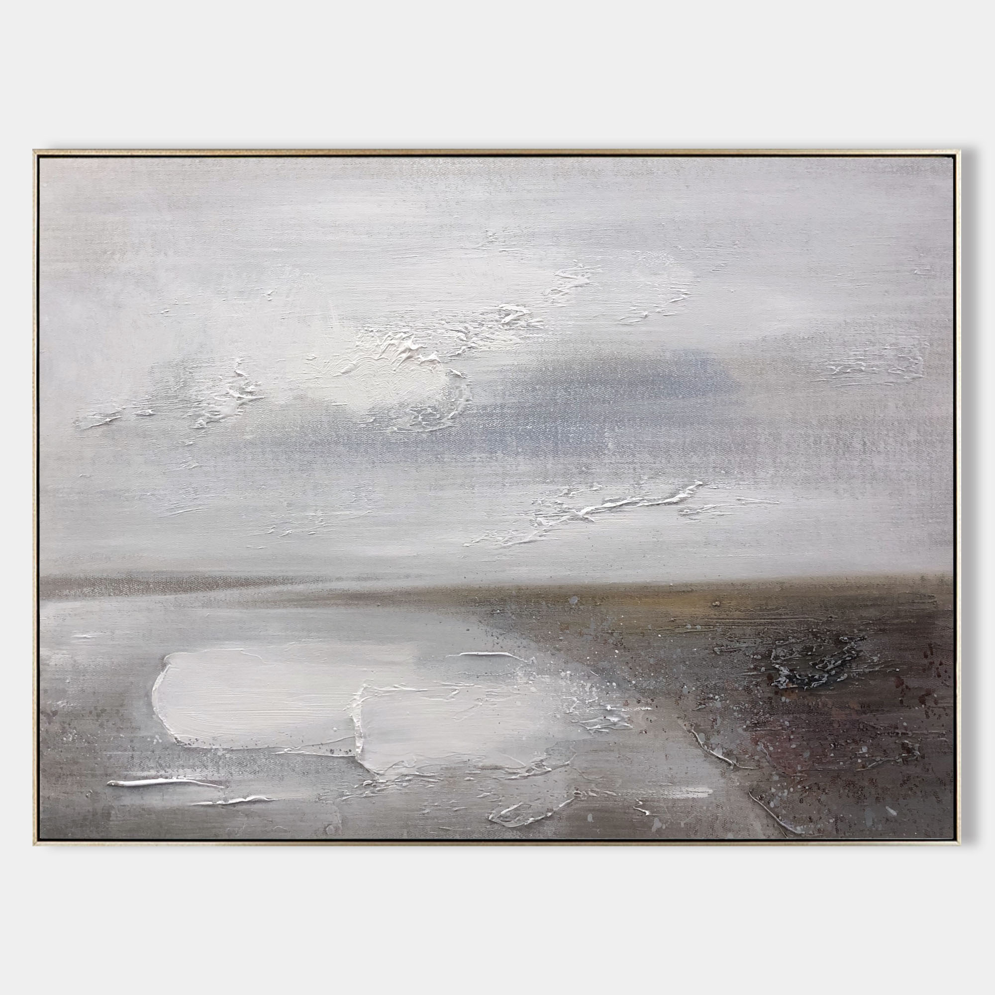 Original hand painted grey white abstract atmospheric landscape oil painting canvas wall art, nordic scandinavian minimalist elegant lu