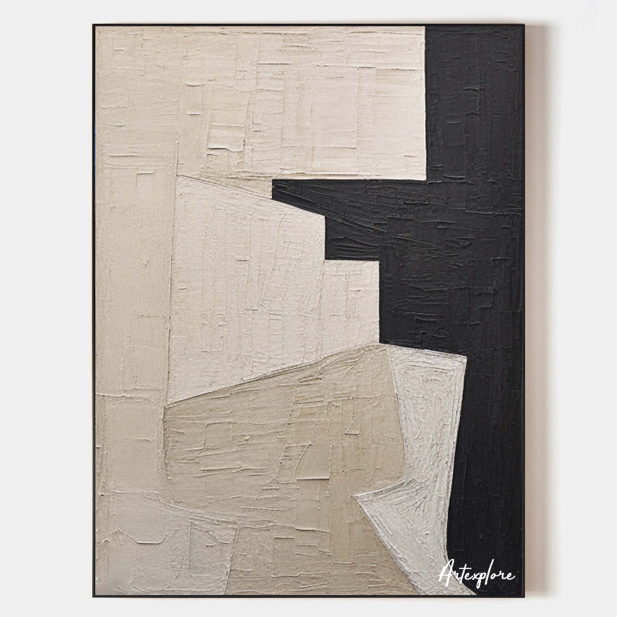 Original hand painted black beige geometric abstract oil painting canvas wall art, nordic scandinavian minimalist elegant luxury modern