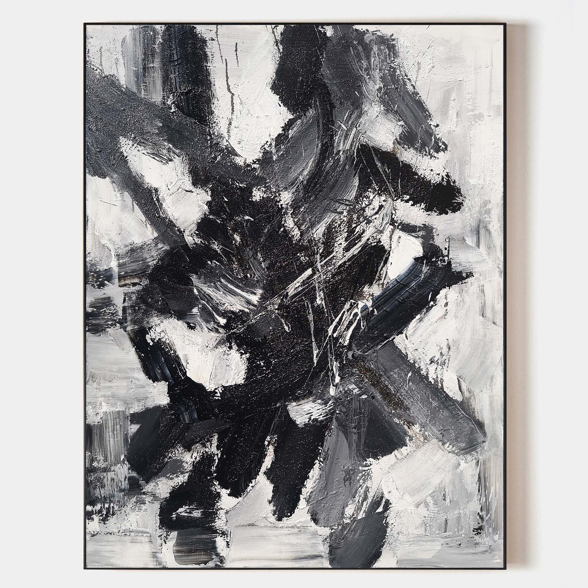 Original hand painted black white abstract oil painting canvas wall art, bold expressive brushstrokes nordic scandinavian elegant luxur