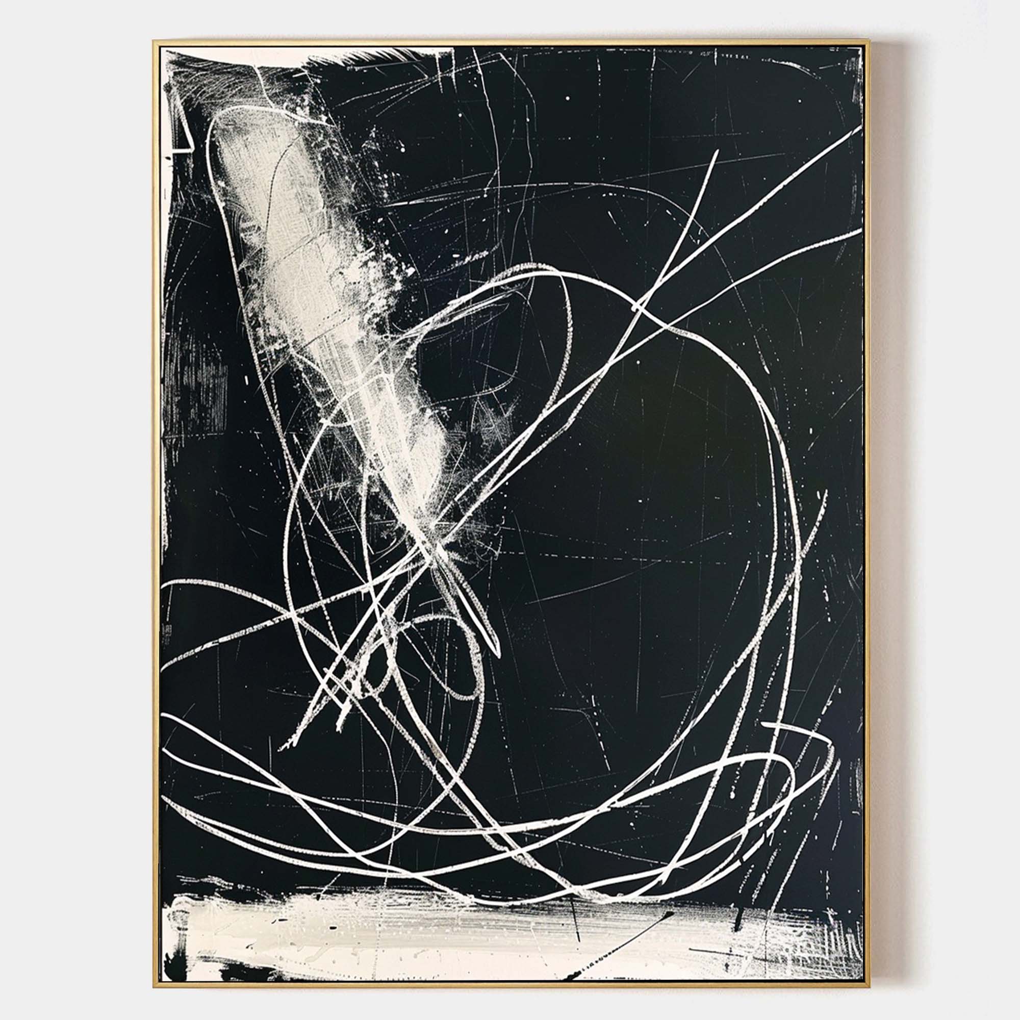 Original hand painted black white gestural abstract oil painting canvas wall art, nordic scandinavian elegant luxury modern living room
