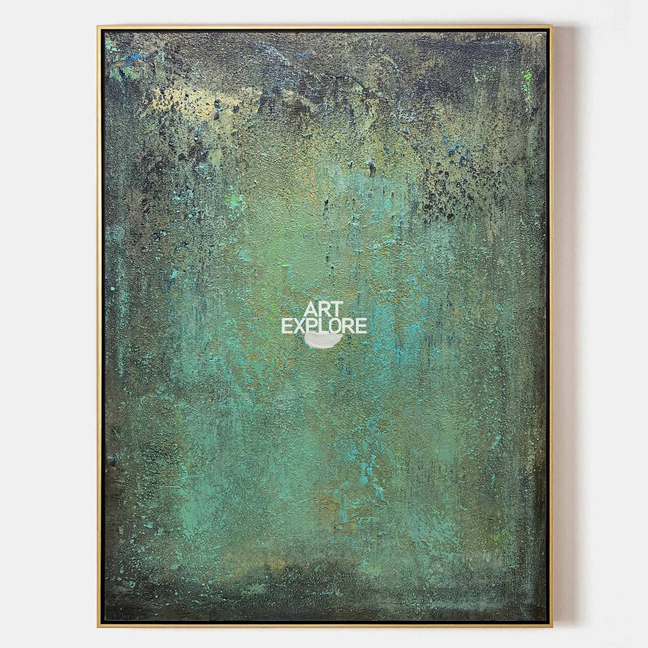 Original hand painted teal emerald abstract oil painting canvas wall art, textured luxury nordic scandinavian elegant modern living roo