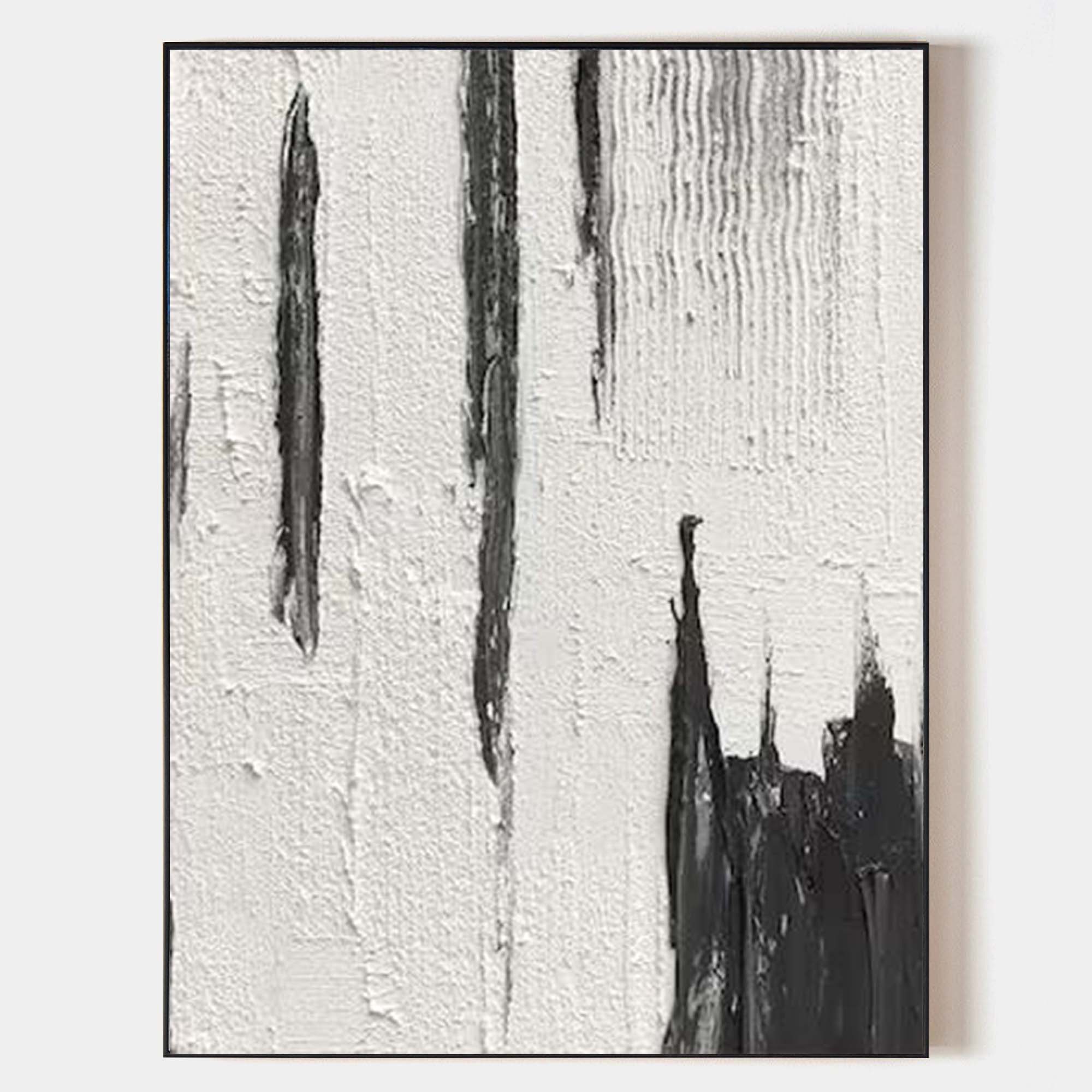 Original hand painted black ivory abstract oil painting canvas, bold vertical strokes textured nordic scandinavian minimalist elegant l