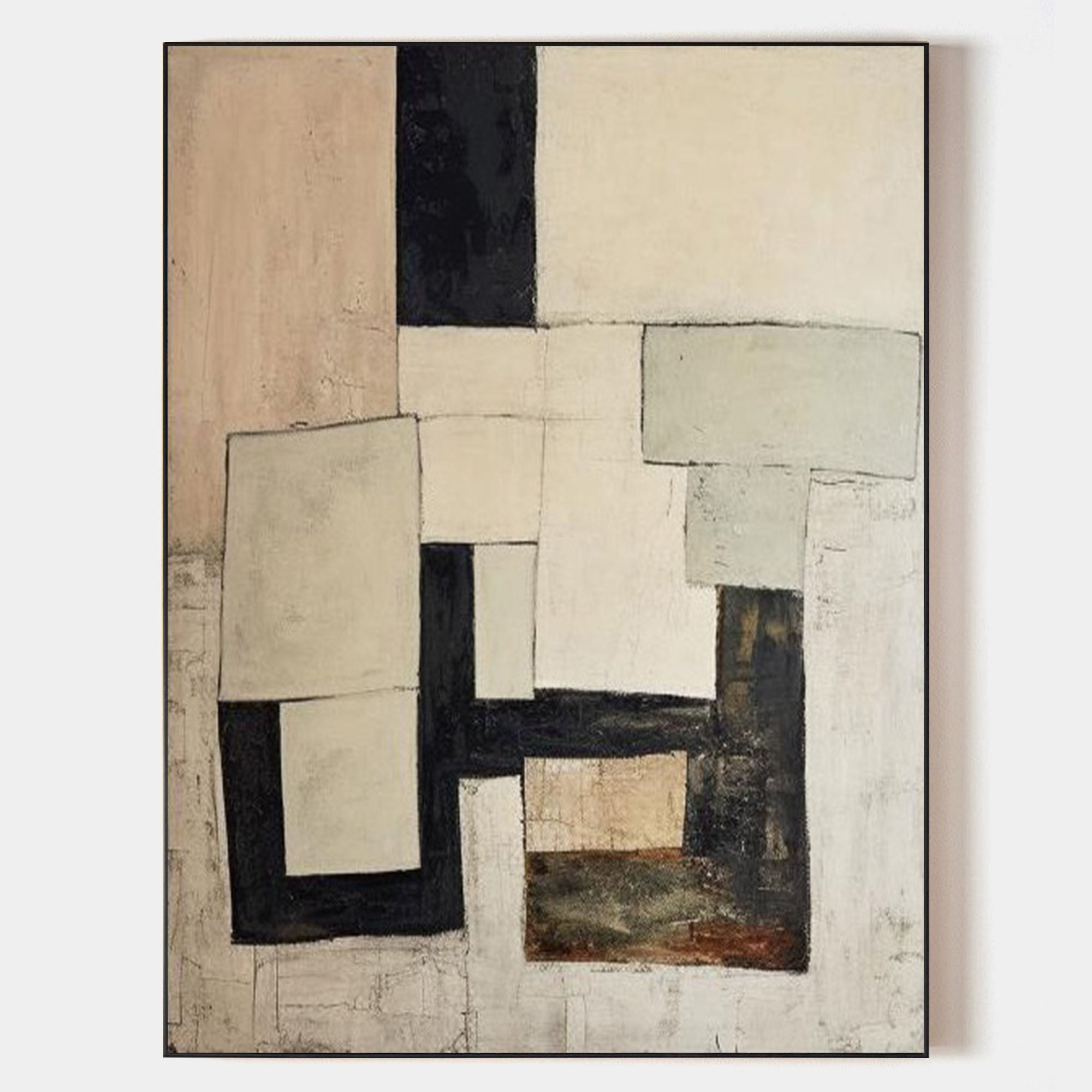 Original hand painted black ivory beige geometric abstract oil painting canvas wall art, nordic scandinavian minimalist elegant luxury