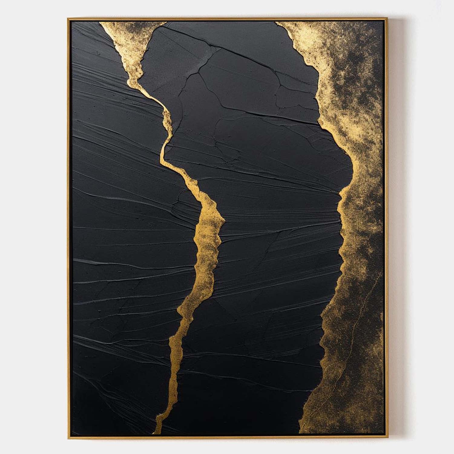 Original hand painted black gold abstract oil painting canvas, textured bold luxury elegant modern nordic scandinavian wall art home de