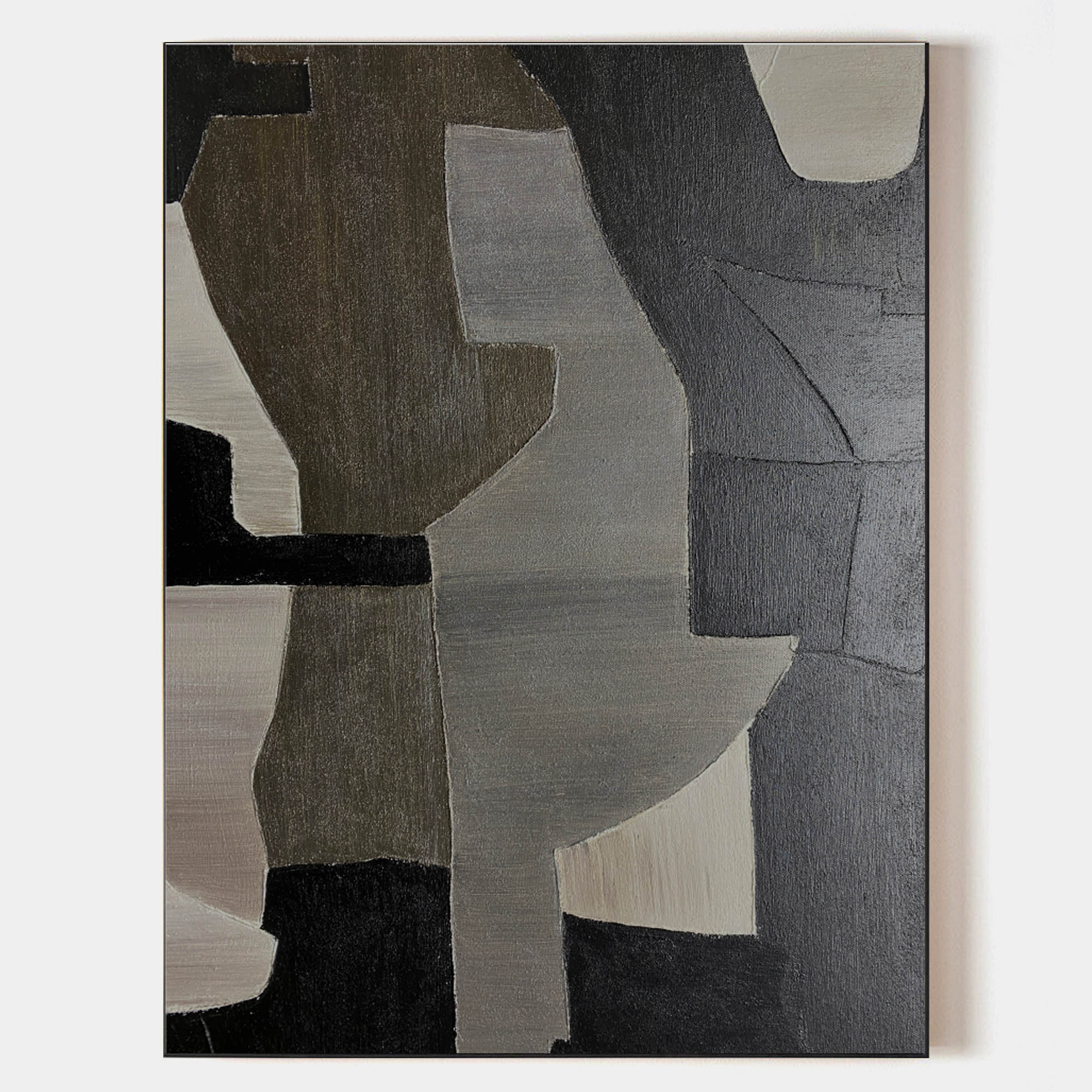 Original hand painted charcoal grey olive abstract geometric oil painting canvas wall art, nordic scandinavian minimalist elegant luxur