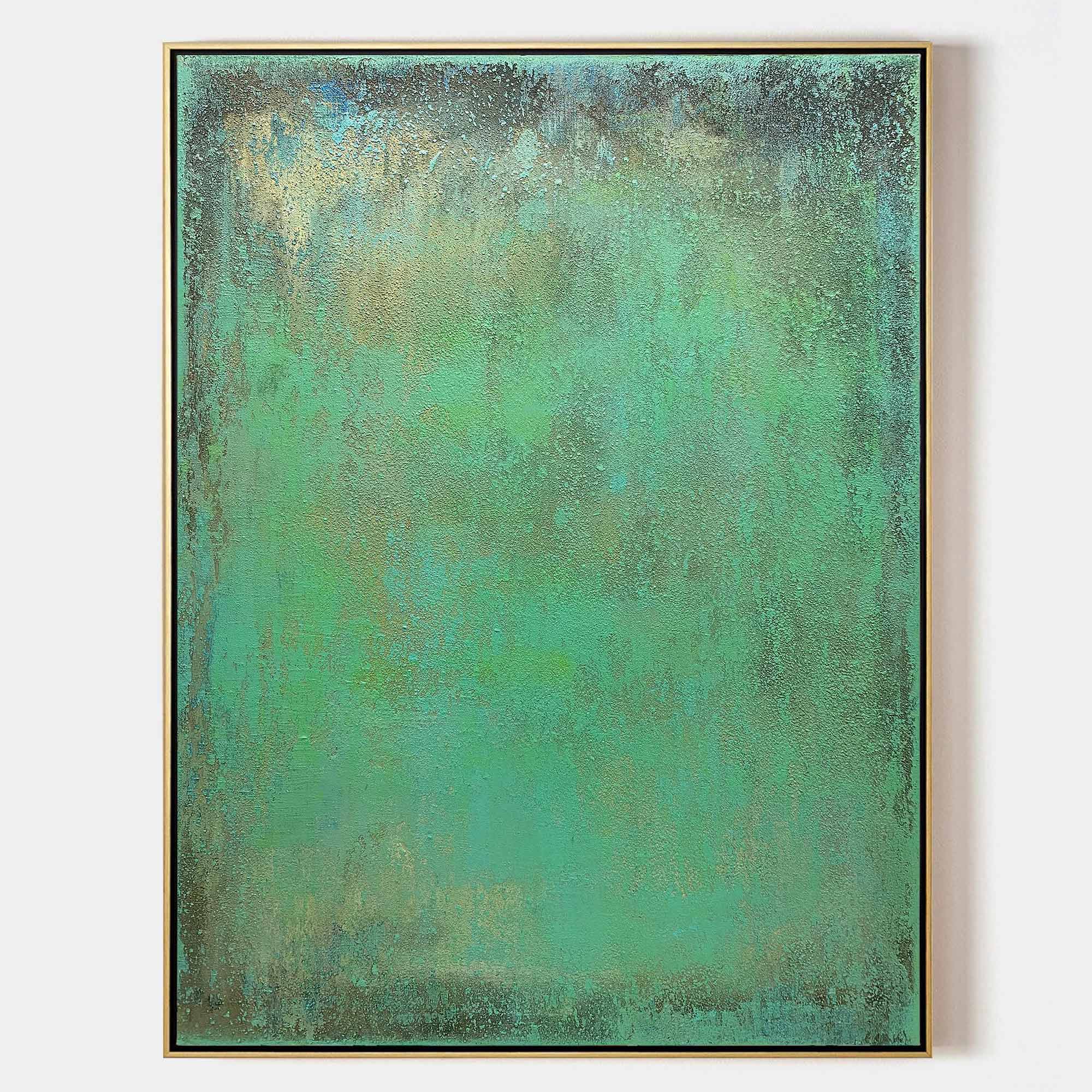 Original hand painted emerald teal gold abstract oil painting canvas wall art, nordic scandinavian minimalist elegant luxury modern liv