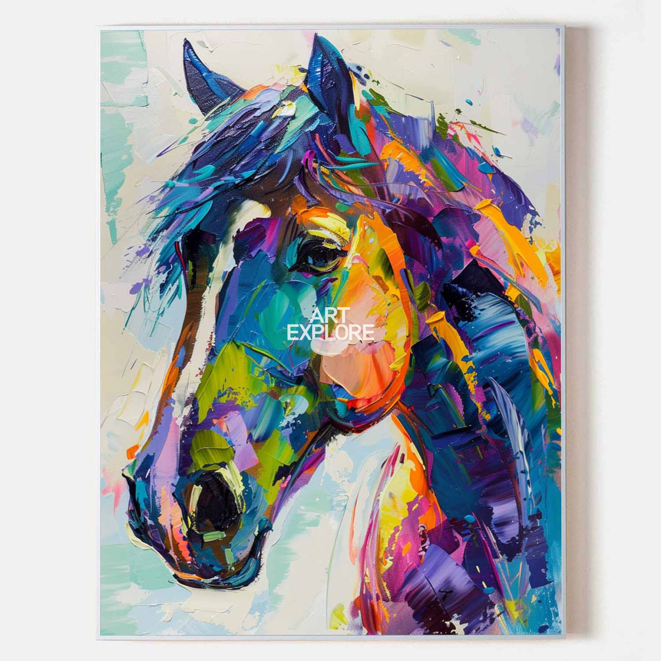 Original hand painted abstract horse portrait oil painting canvas, bold purple teal orange modern luxury elegant wall art home decor in
