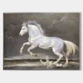 Original hand painted white horse galloping stormy grey oil painting canvas wall art, elegant luxury vintage nordic modern living room