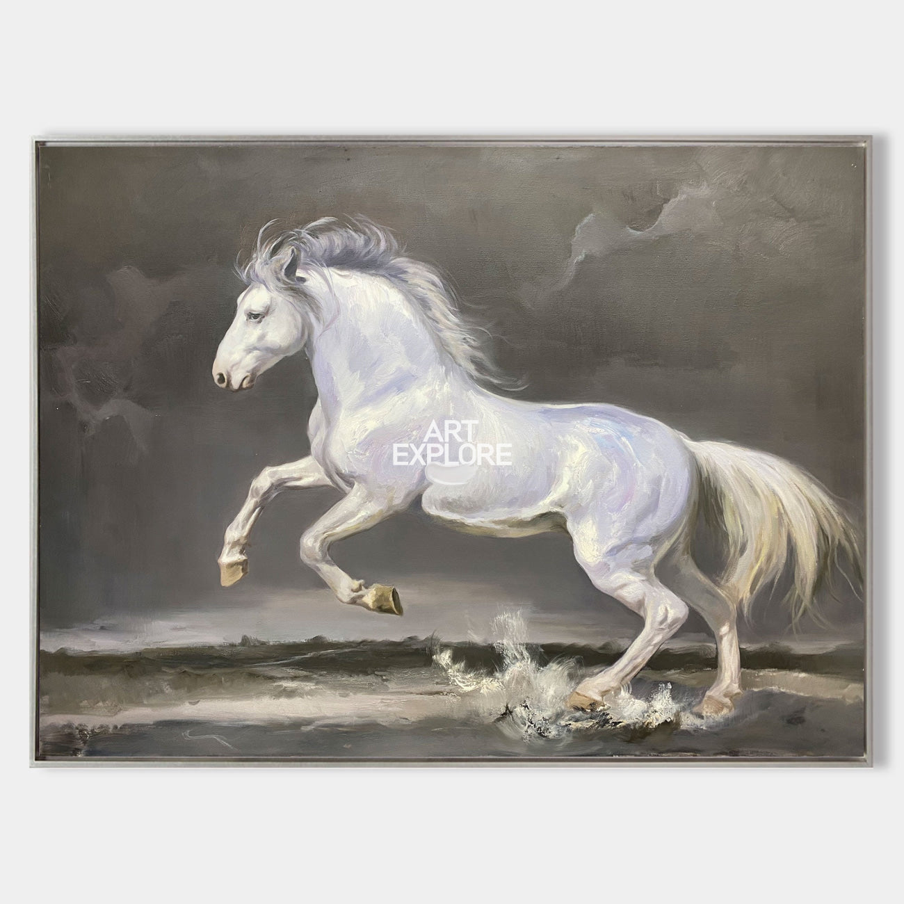 Original hand painted white horse galloping stormy grey oil painting canvas wall art, elegant luxury vintage nordic modern living room