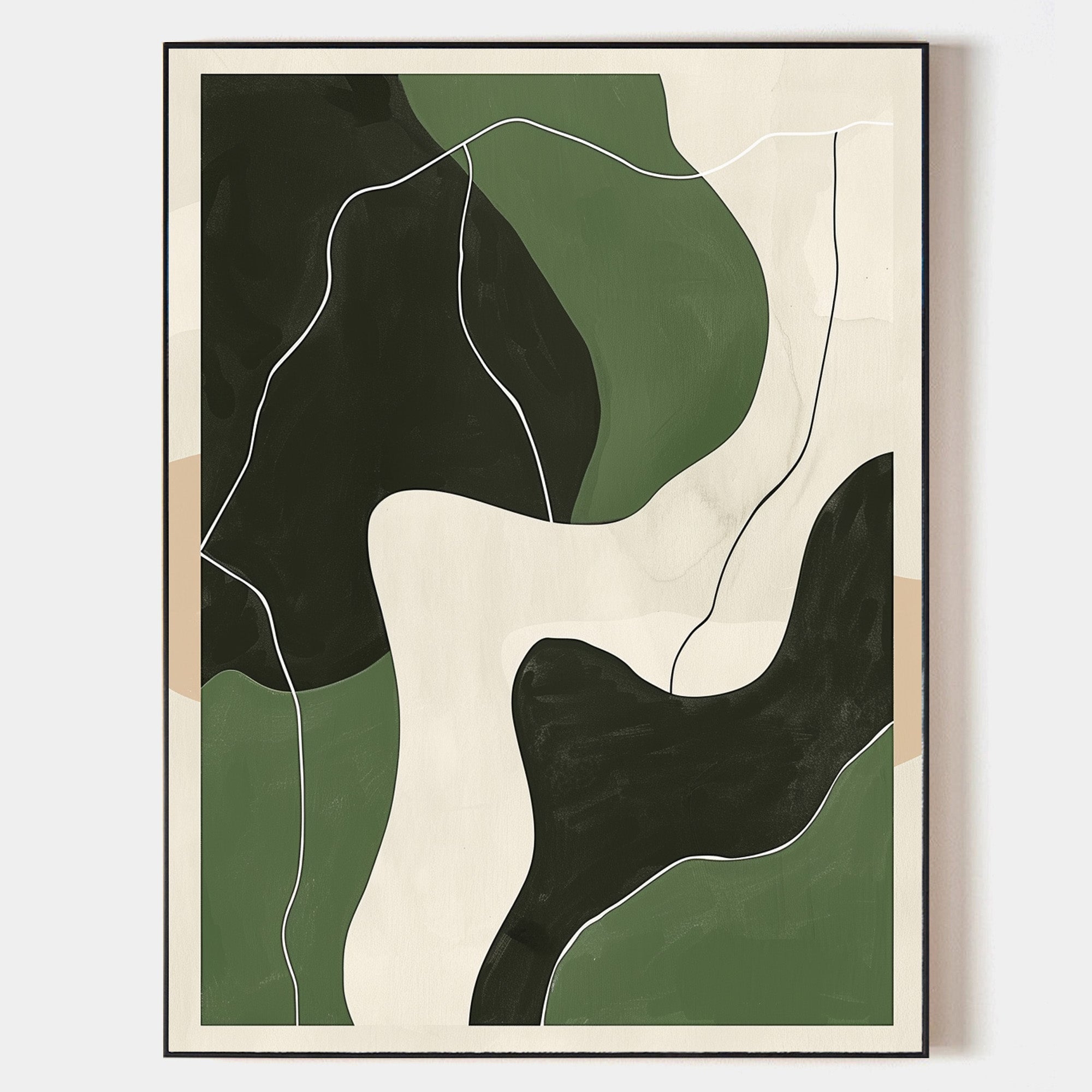 Original hand painted forest green charcoal ivory abstract oil painting canvas wall art, nordic scandinavian minimalist elegant luxury