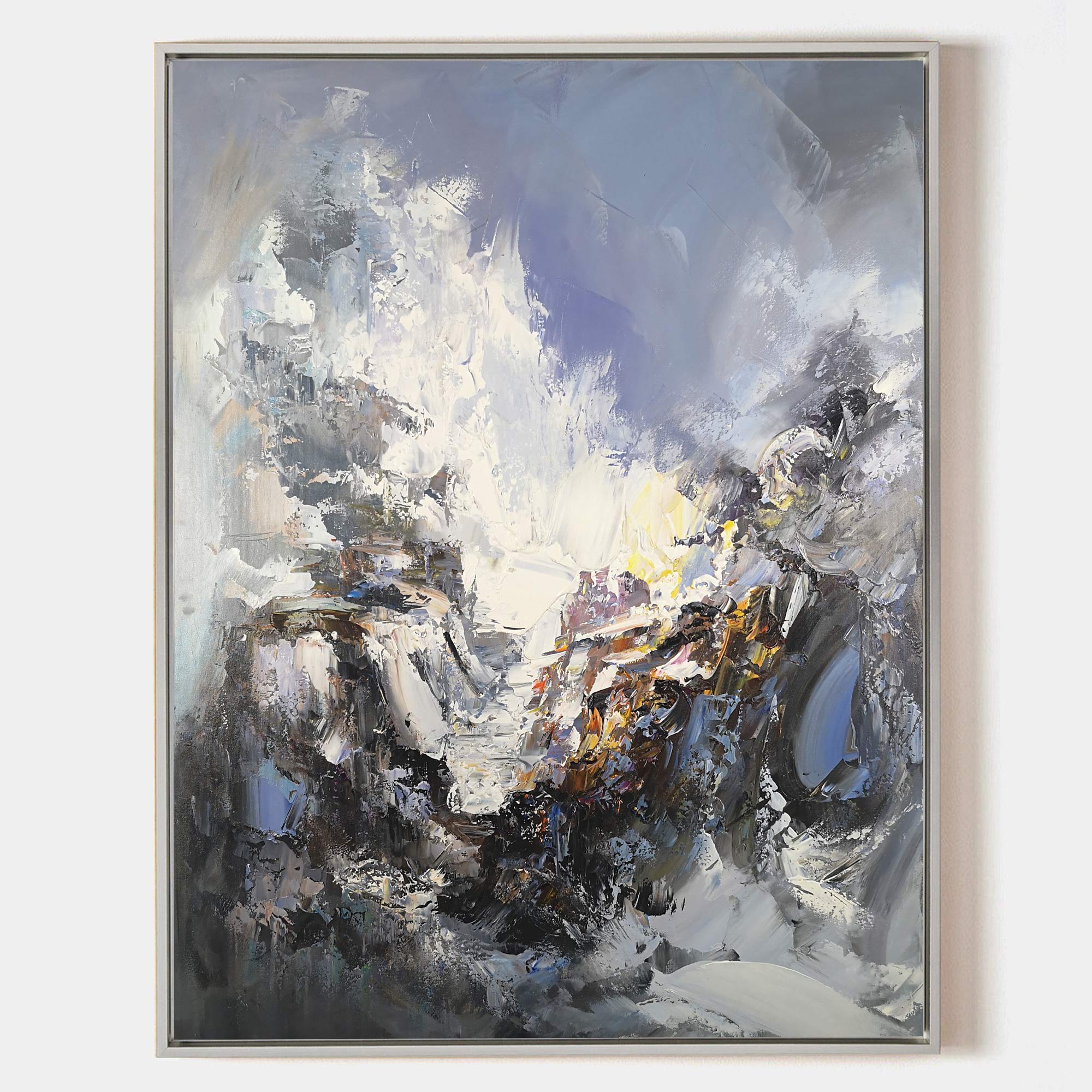Original hand painted white grey gold abstract mountain oil painting canvas wall art, nordic scandinavian elegant luxury modern living