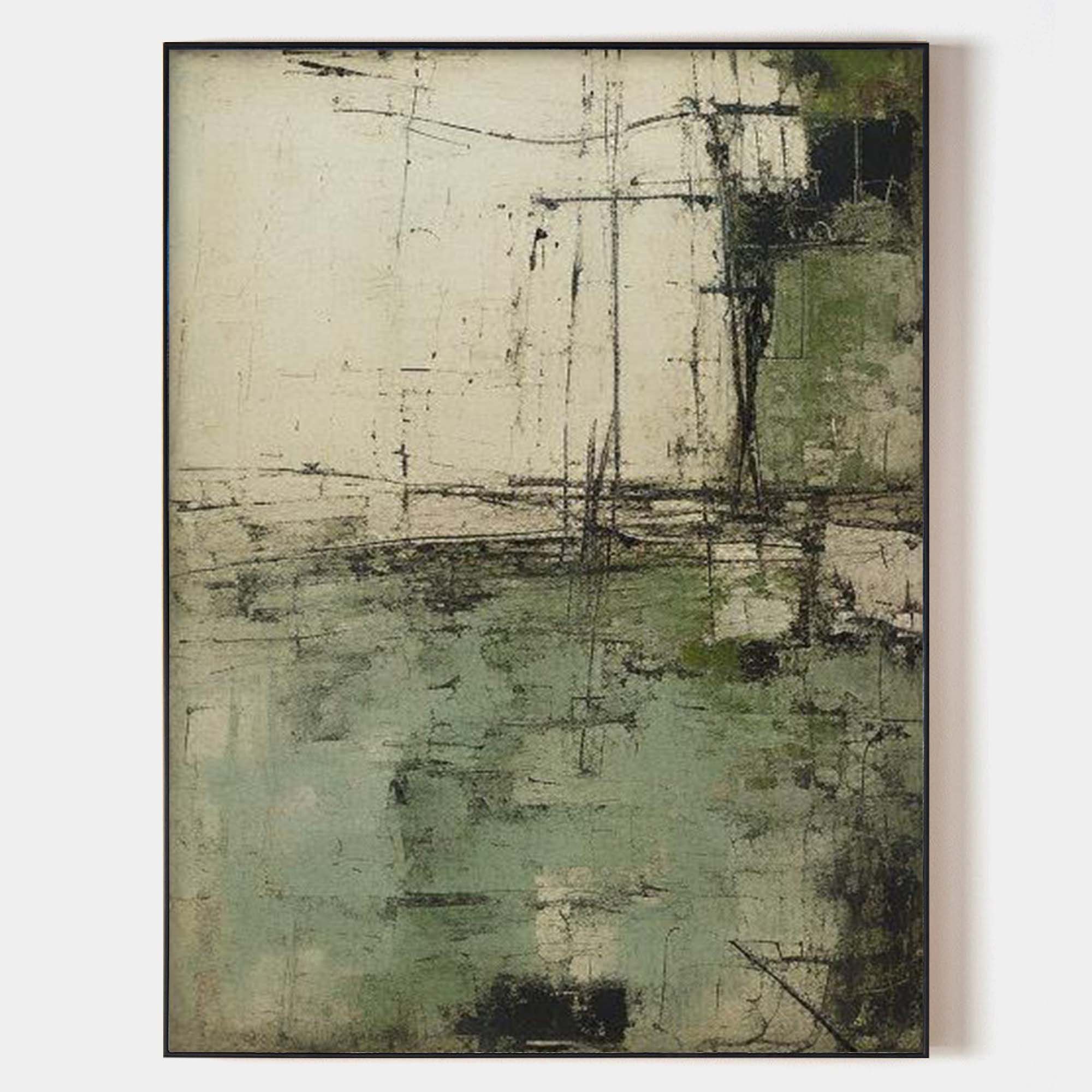 Original hand painted sage green abstract oil painting canvas wall art, nordic scandinavian minimalist elegant luxury modern living roo