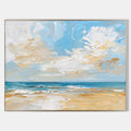 Original hand painted coastal beach oil painting, sandy shore azure ocean textured clouds, elegant luxury modern nordic scandinavian ca