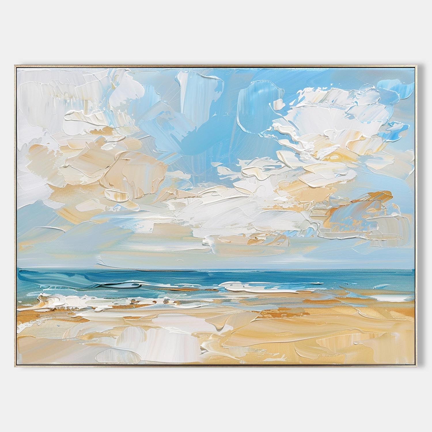 Original hand painted coastal beach oil painting, sandy shore azure ocean textured clouds, elegant luxury modern nordic scandinavian ca