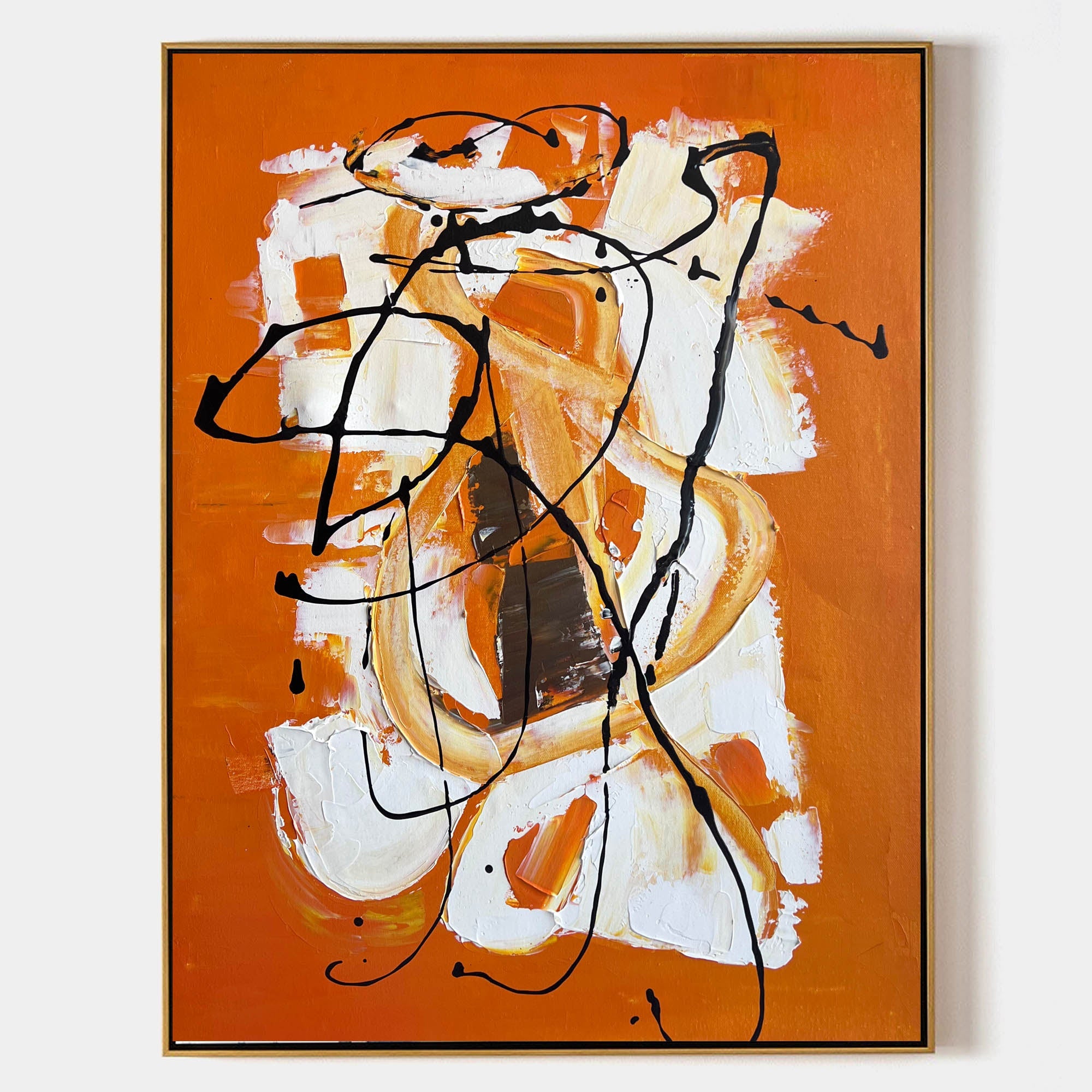 Original hand painted amber orange abstract oil painting canvas wall art, bold black gestural lines cream brushstrokes modern elegant l
