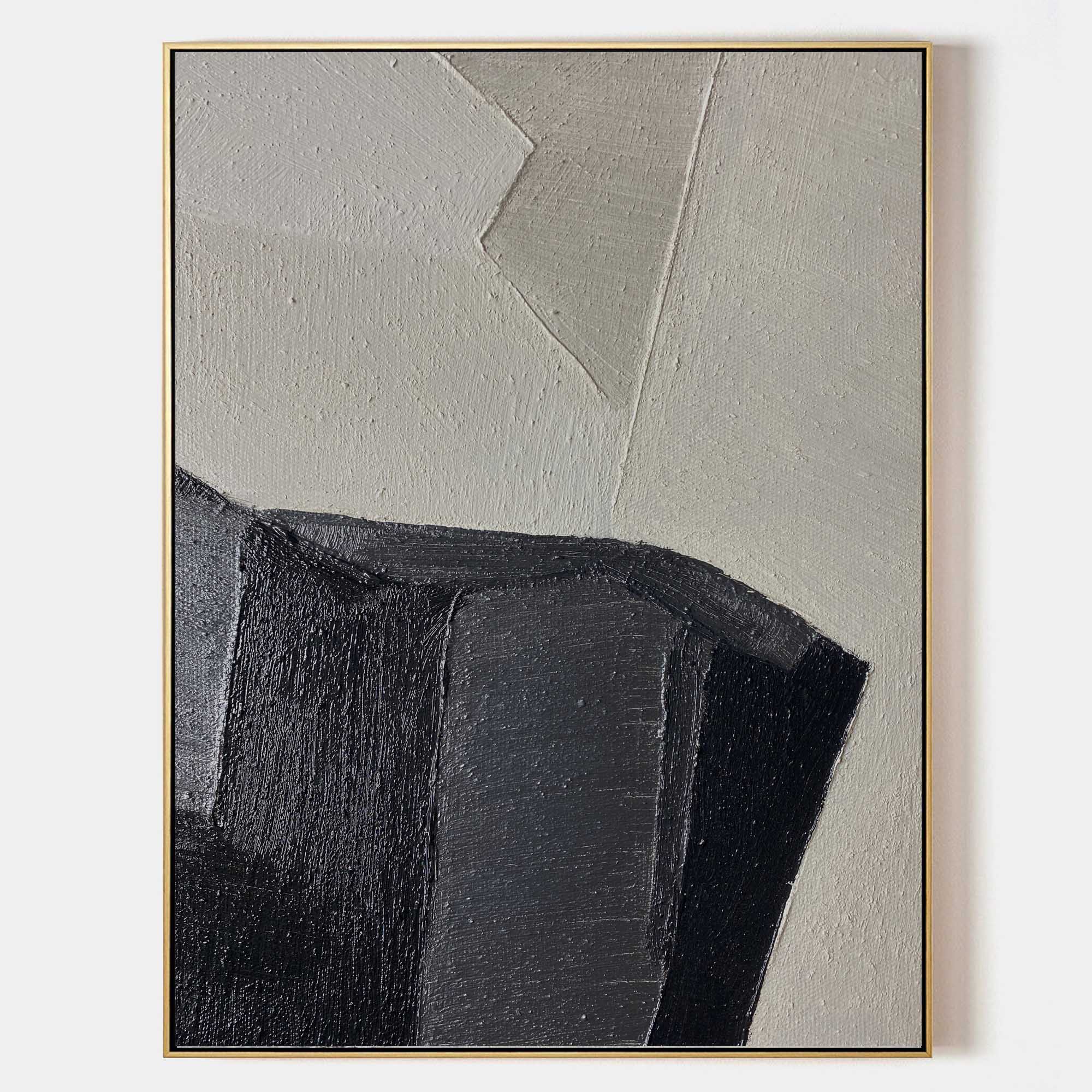 Original hand painted black ivory geometric abstract oil painting canvas wall art, nordic scandinavian minimalist elegant luxury modern