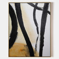 Original hand painted black abstract oil painting canvas, bold brushstrokes ivory ochre, nordic scandinavian minimalist elegant luxury