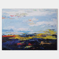Original hand painted abstract landscape oil painting, dark navy yellow red horizon textured blue sky canvas wall art, modern nordic sc
