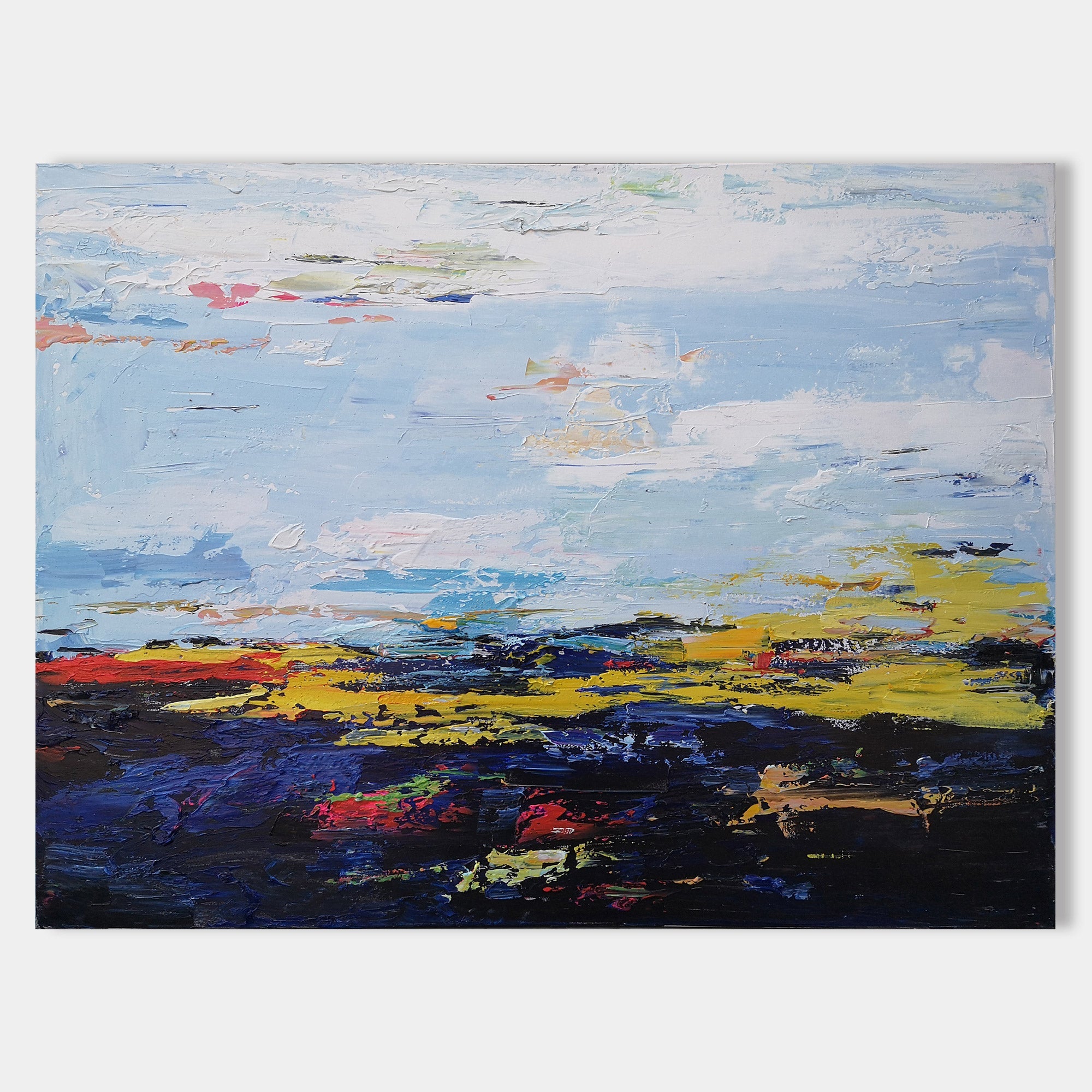 Original hand painted abstract landscape oil painting, dark navy yellow red horizon textured blue sky canvas wall art, modern nordic sc