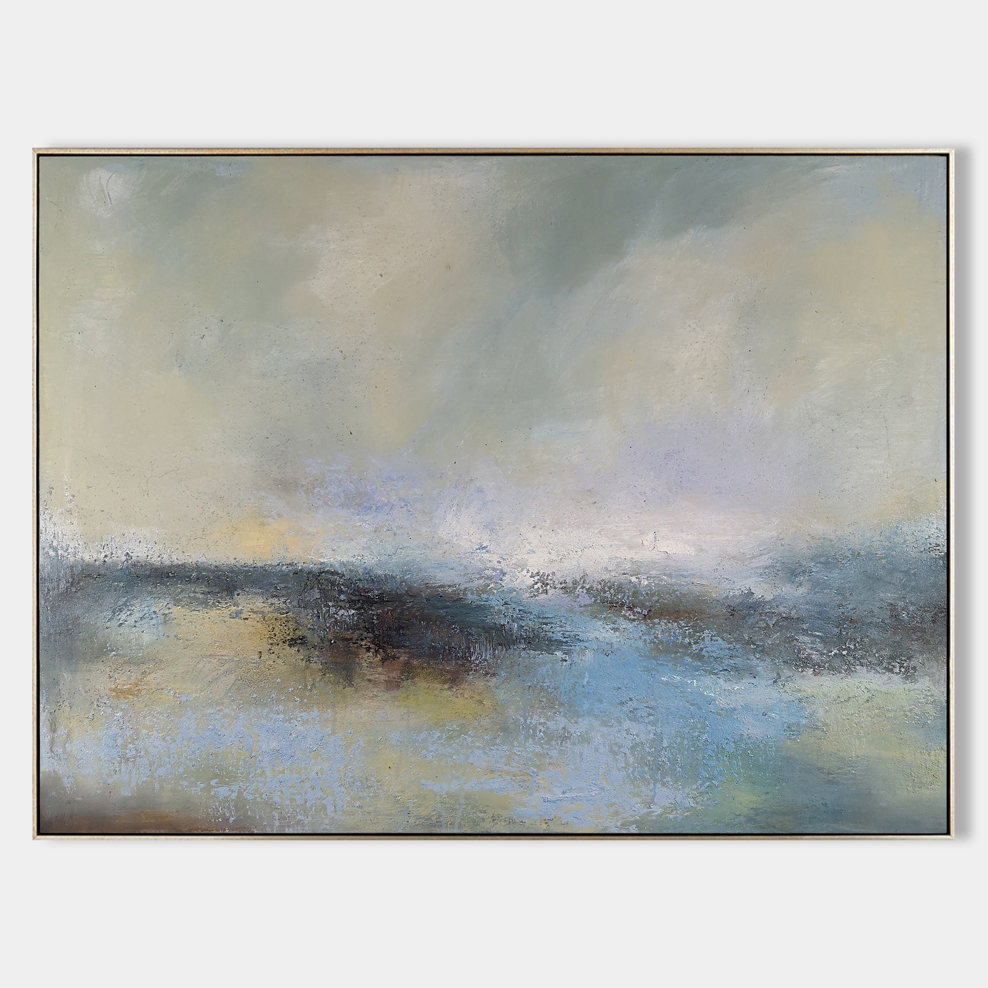 Original hand painted misty coastal abstract oil painting canvas, blue grey ivory tones, nordic scandinavian elegant luxury modern home