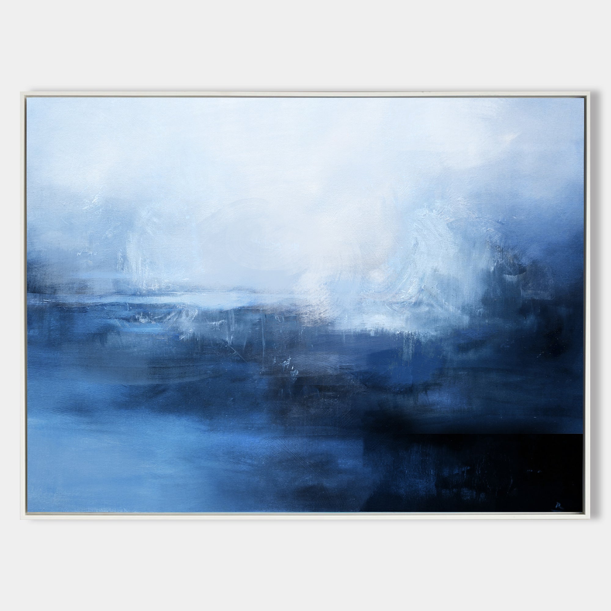 Original hand painted deep navy indigo abstract coastal oil painting canvas wall art, nordic scandinavian elegant luxury modern living