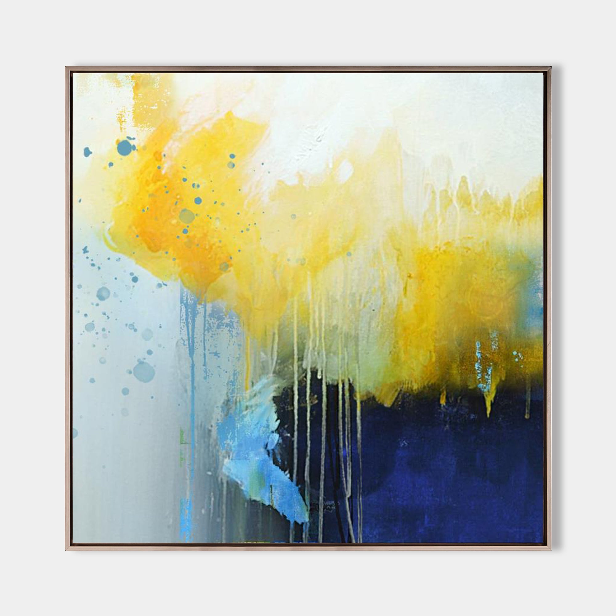 Original hand painted yellow navy blue drip abstract oil painting canvas wall art, modern scandinavian elegant luxury home decor interi